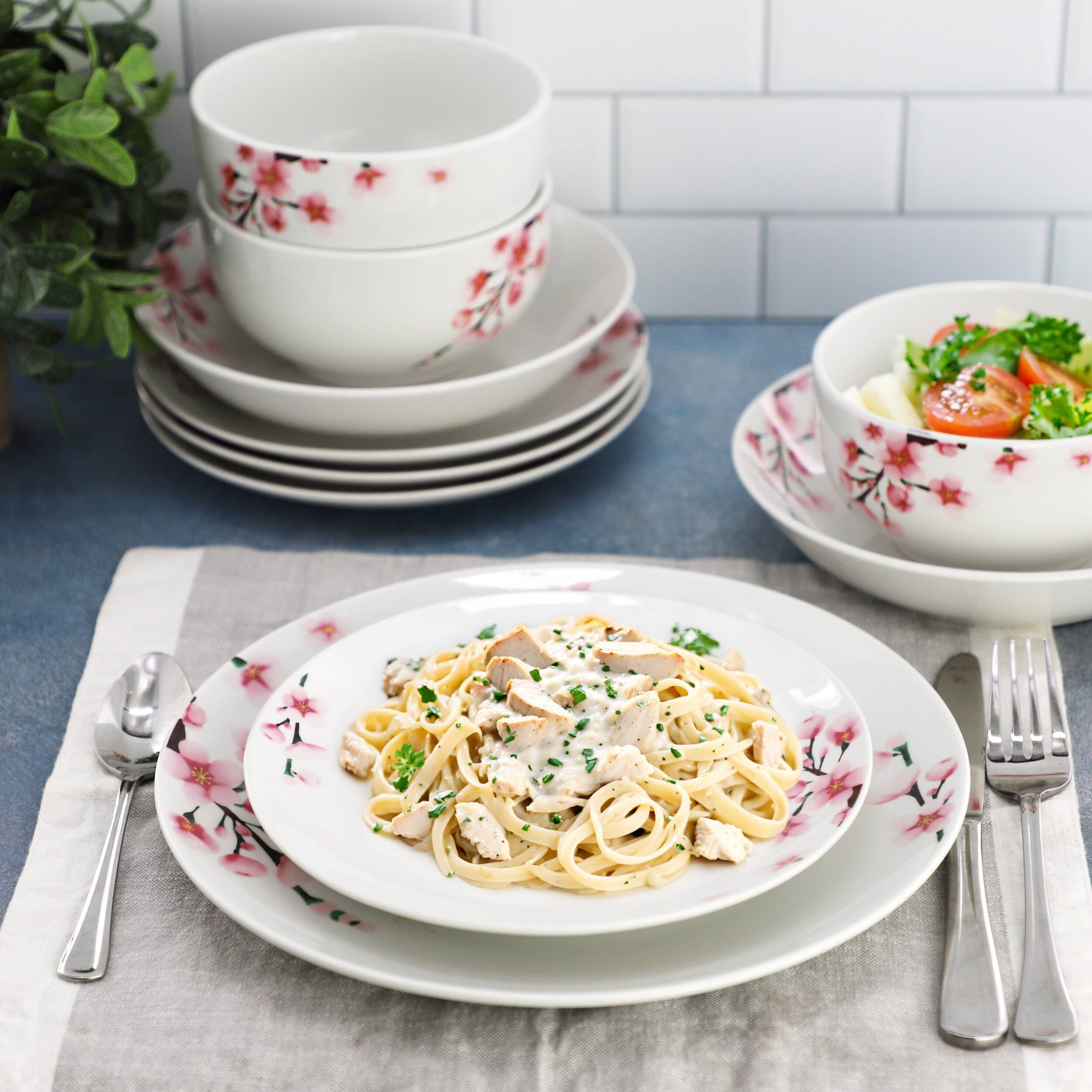 Alt View 4. Elama - Elama Tamara 16 Piece Cherry Blossom Porcelain Double Bowl Dinnerware Set, Service for 4 in White and Pink - White and Pink.