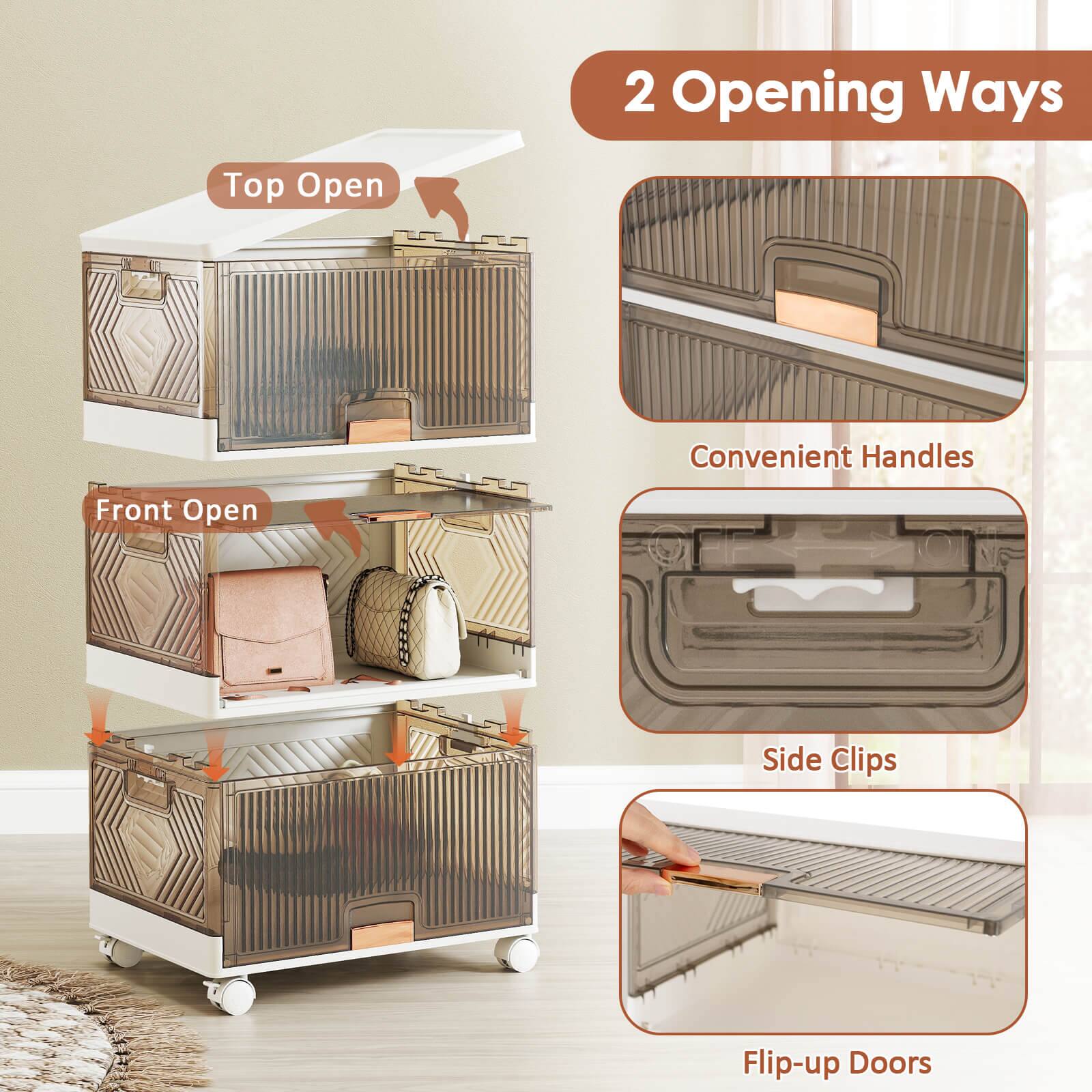 2 Opening Ways

Top Open

Front Open

Convenient Handles

Side Clips

Flip-up Doors