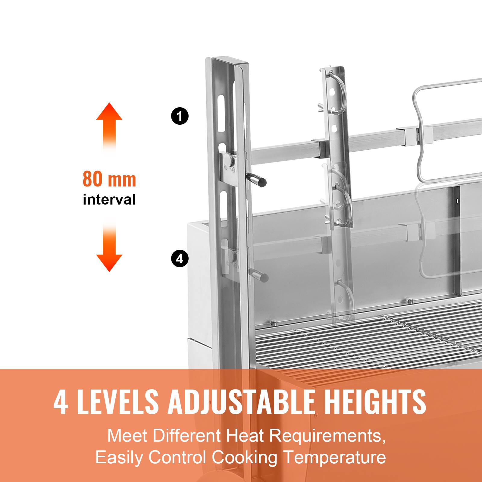 1 80 mm interval
4 4 LEVELS ADJUSTABLE HEIGHTS
Meet Different Heat Requirements, Easily Control Cooking Temperature