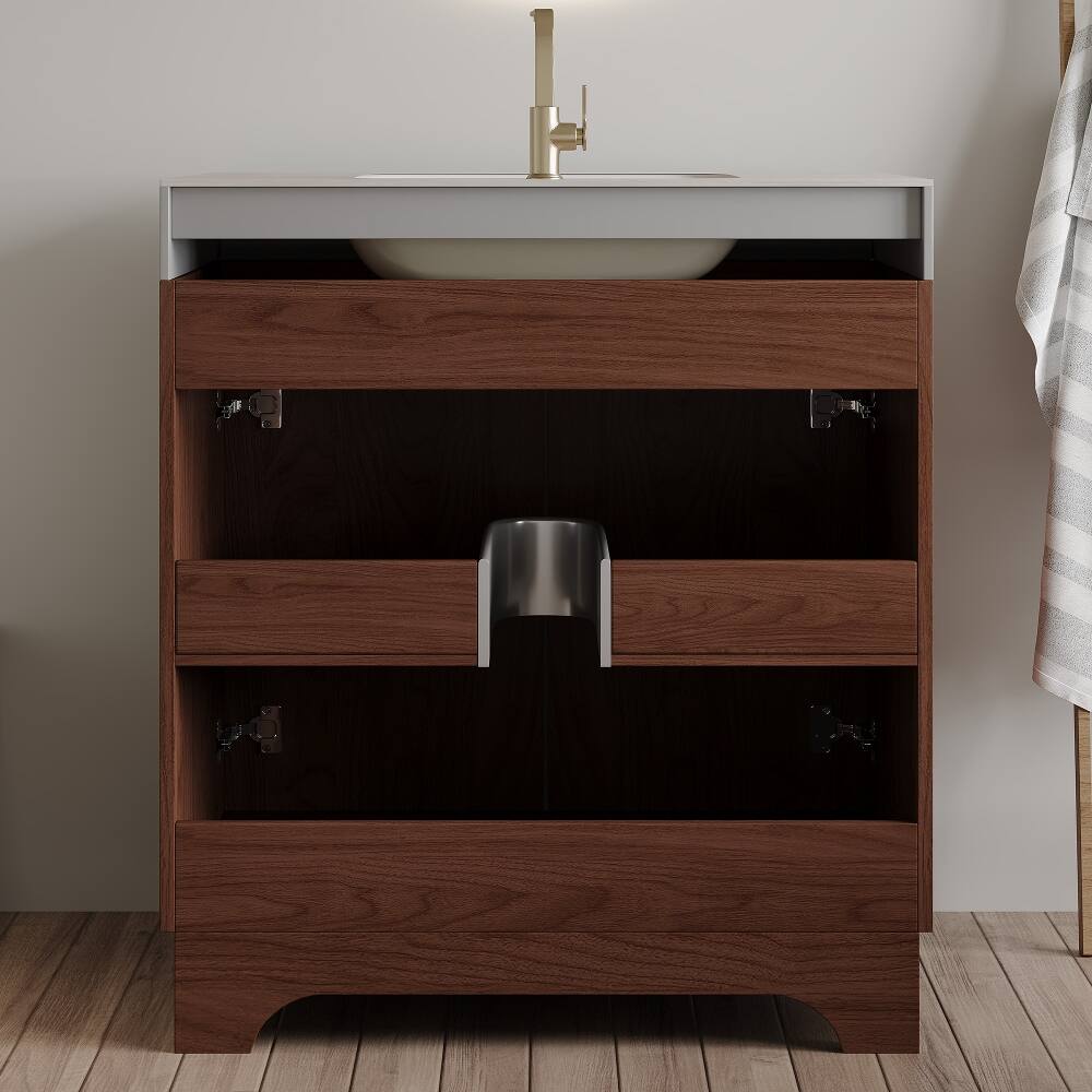 Alt View 4. Loheer - Loheer 30 inch freestanding bathroom vanity with seamless ceramic sink and sintered stone countertop - Brown, Stone Gray.
