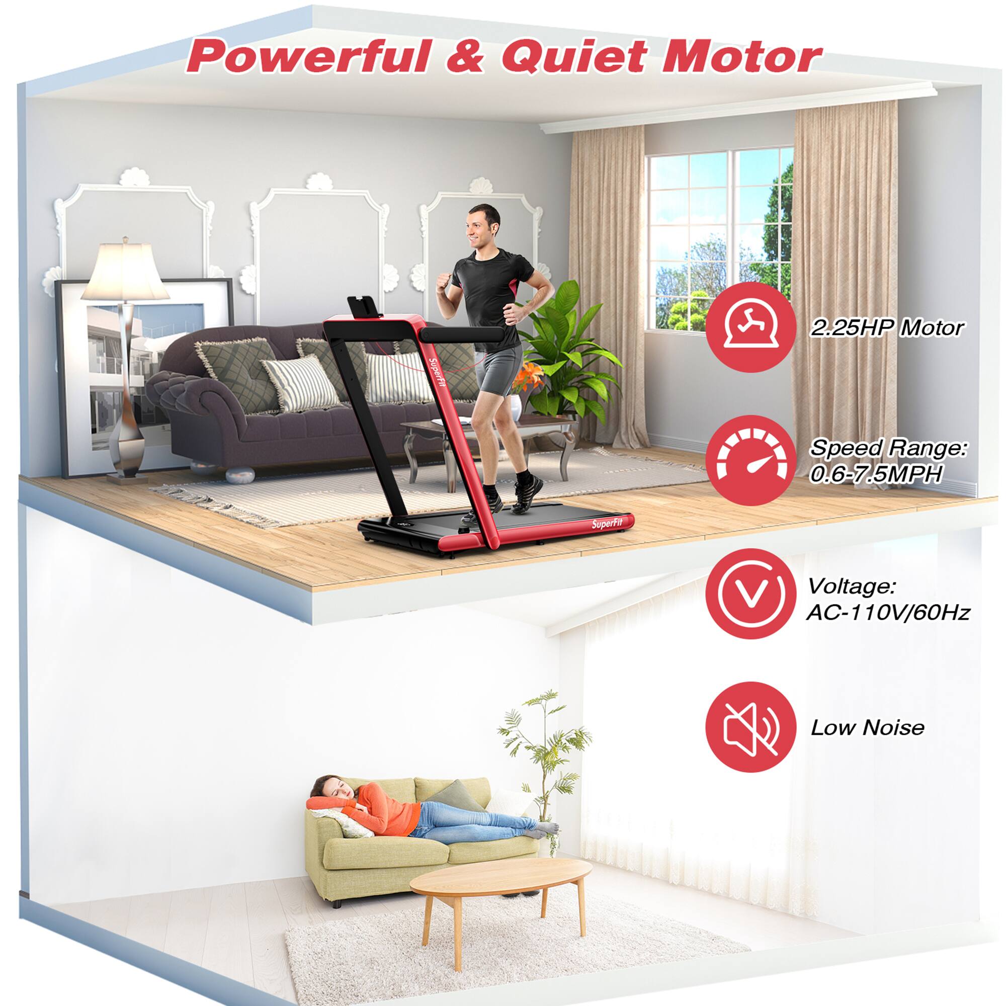 Powerful & Quiet Motor

- 2.25HP Motor
- Speed Range: 0.6-7.5MPH
- Voltage: AC-110V/60Hz
- Low Noise