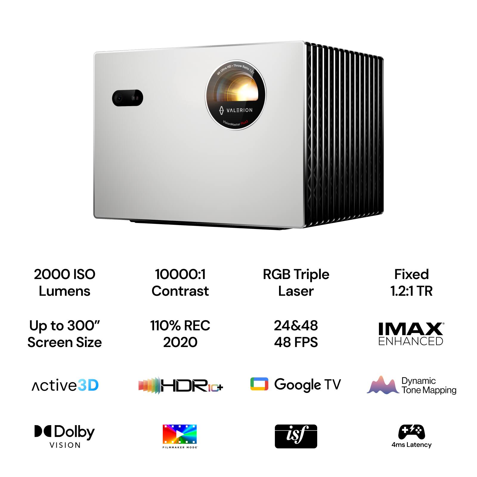 * 2000 ISO Lumens
* 10000:1 Contrast
* RGB Triple Laser
* Fixed 1.2:1 TR
* Up to 300" Screen Size
* 110% REC 2020
* 24&48 FPS
* IMAX ENHANCED
* Active 3D
* HDR IC+ Google TV
* Dynamic Tone Mapping
* Dolby VISION
* isf 4ms Latency