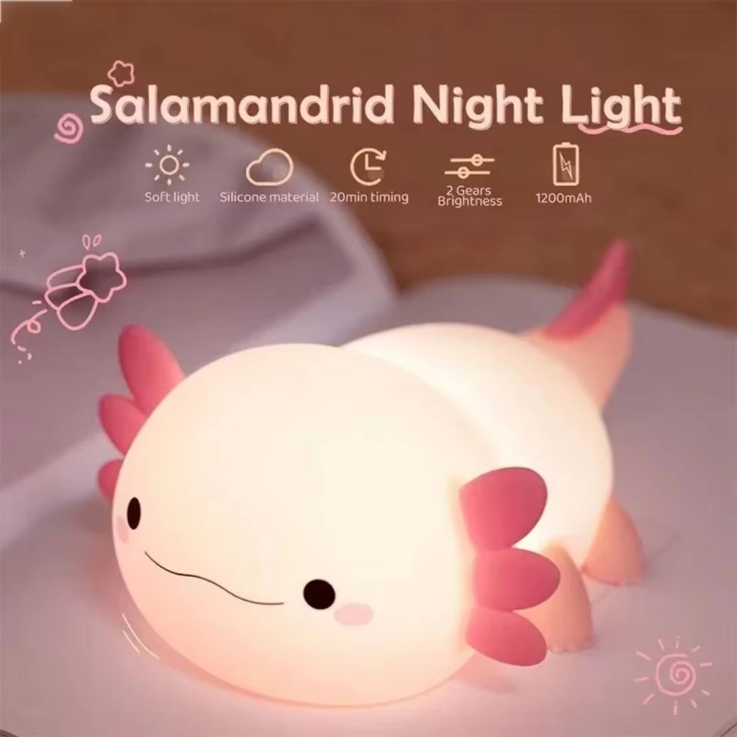 Salamandrid Night Light  
- Soft light  
- Silicone material  
- 20min timing  
- 2 Gears Brightness  
- 1200mAh