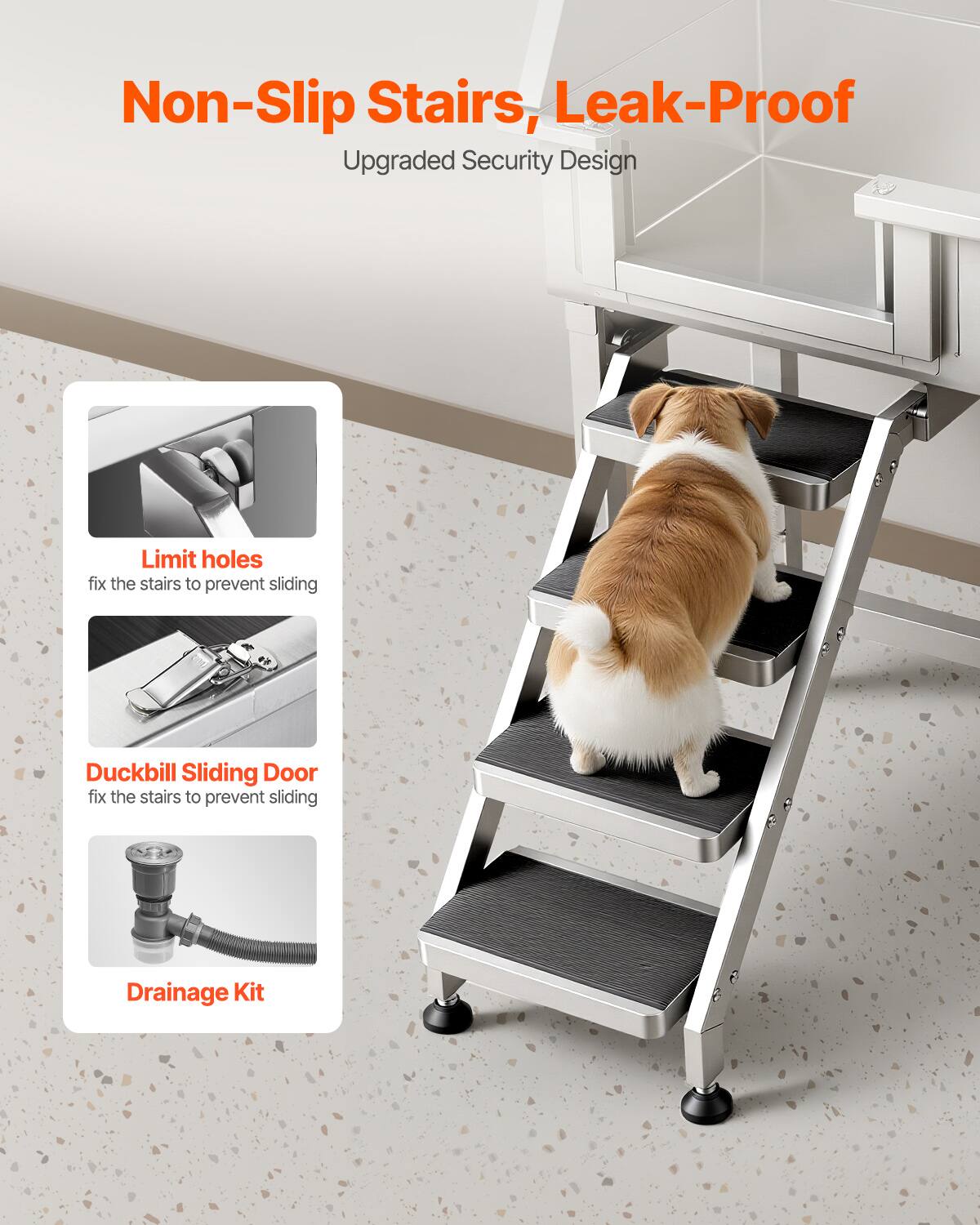 Non-Slip Stairs, Leak-Proof  
Upgraded Security Design  

Limit holes  
fix the stairs to prevent sliding  

Duckbill Sliding Door  
fix the stairs to prevent sliding  

Drainage Kit