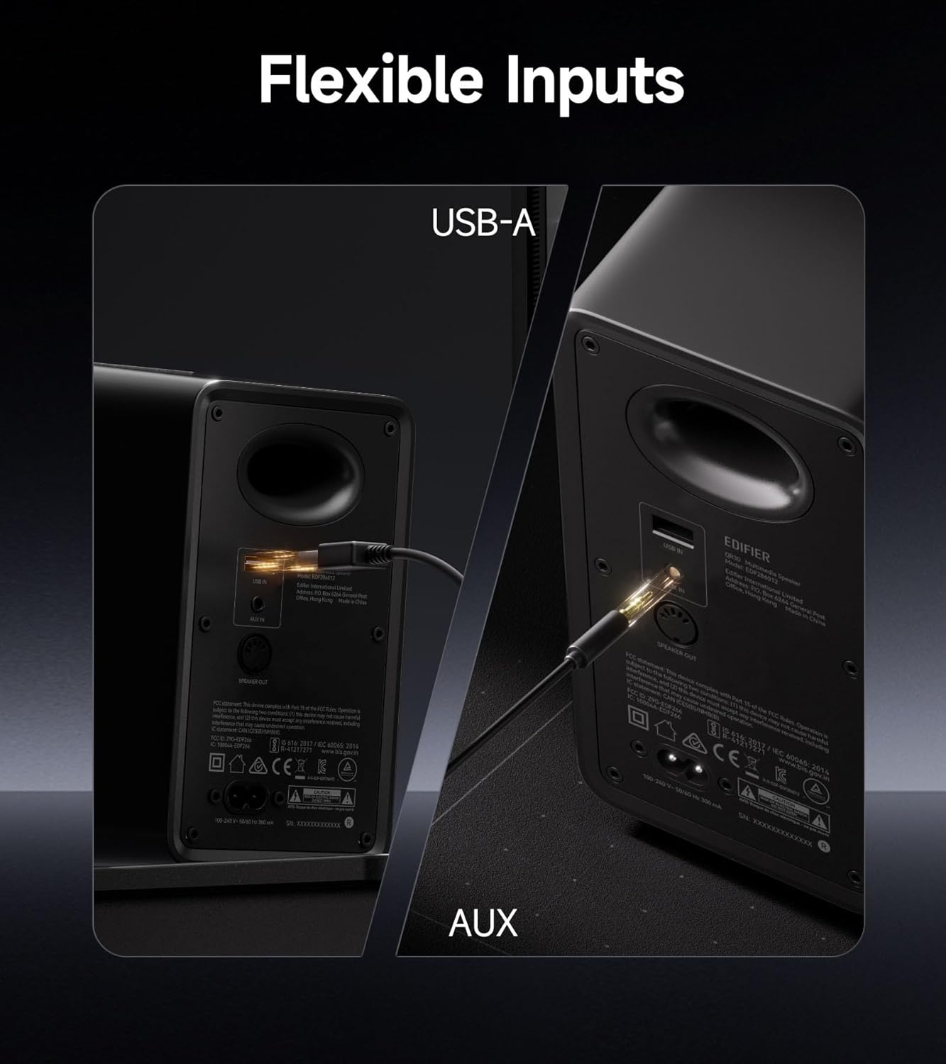 Flexible Inputs  
USB-A  
AUX  

EDIFIER C033  
SOCIAL  
PARKE  

Sale 2017 & me R-41217275 2014  
CE R-49217221 K