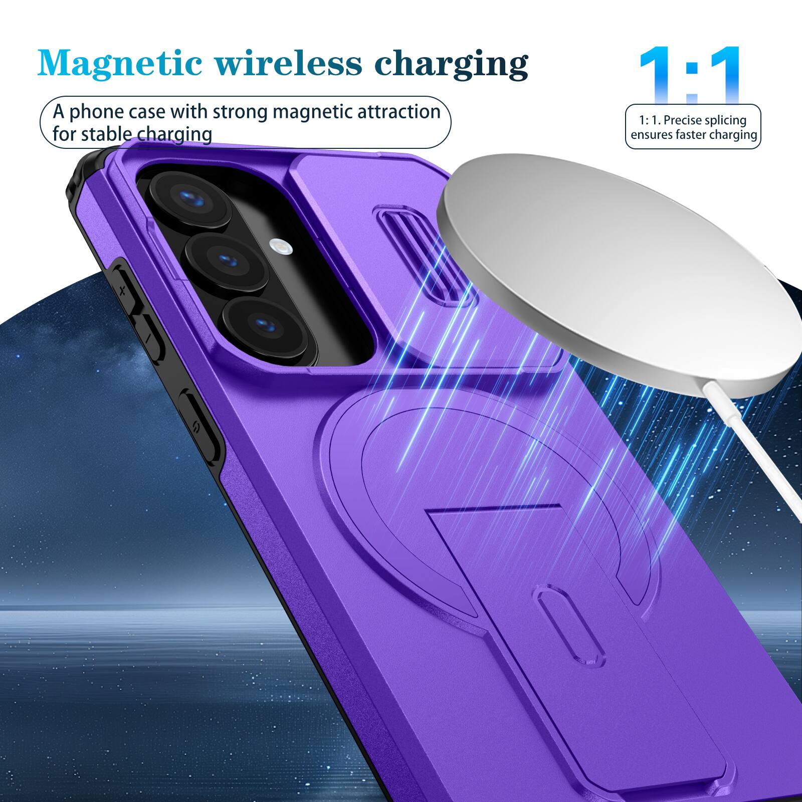 Magnetic wireless charging

A phone case with strong magnetic attraction for stable charging

1:1

1:1. Precise splicing ensures faster charging