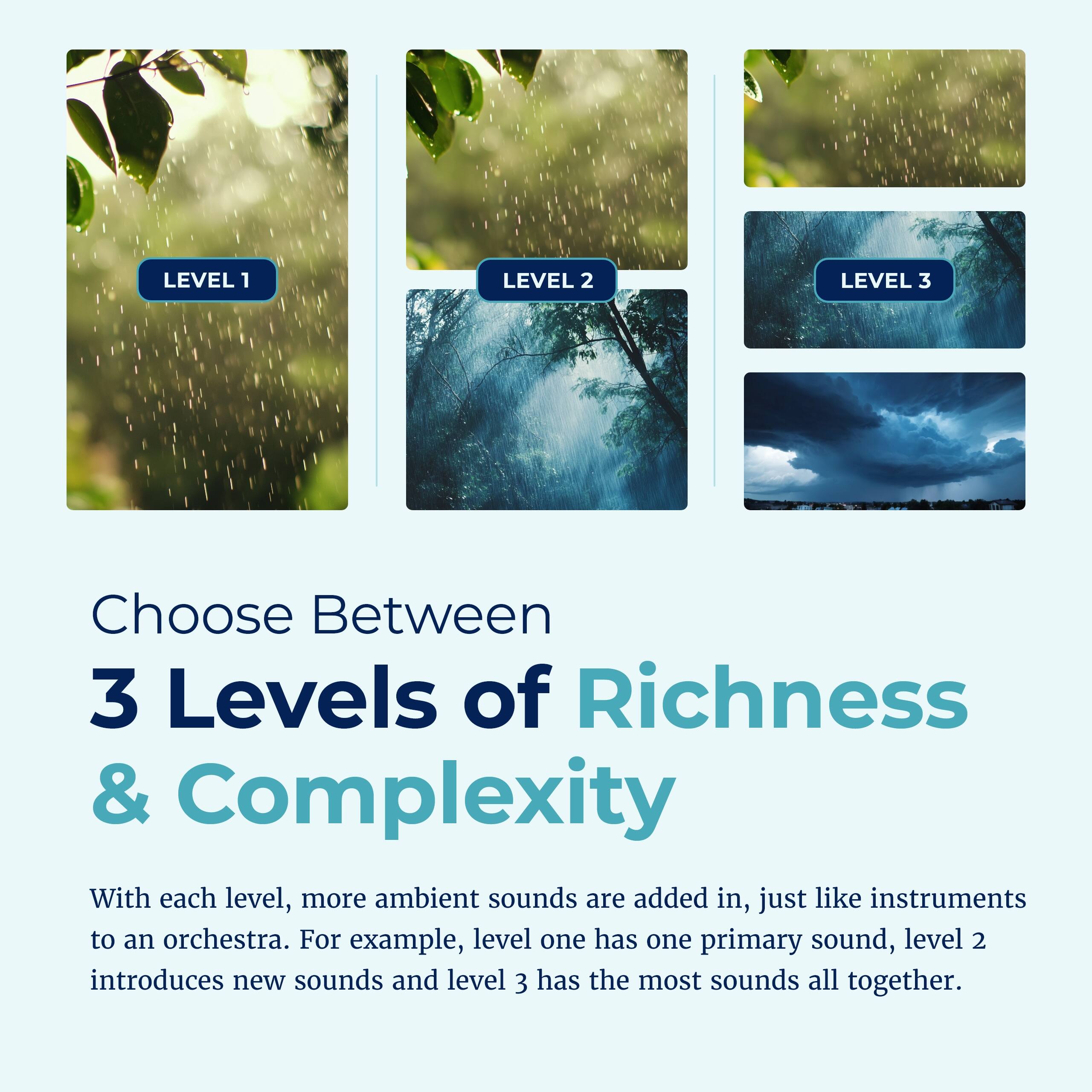 LEVEL 1  
LEVEL 2  
LEVEL 3  

Choose Between 3 Levels of Richness & Complexity  

With each level, more ambient sounds are added in, just like instruments to an orchestra. For example, level one has one primary sound, level 2 introduces new sounds and level 3 has the most sounds all together.