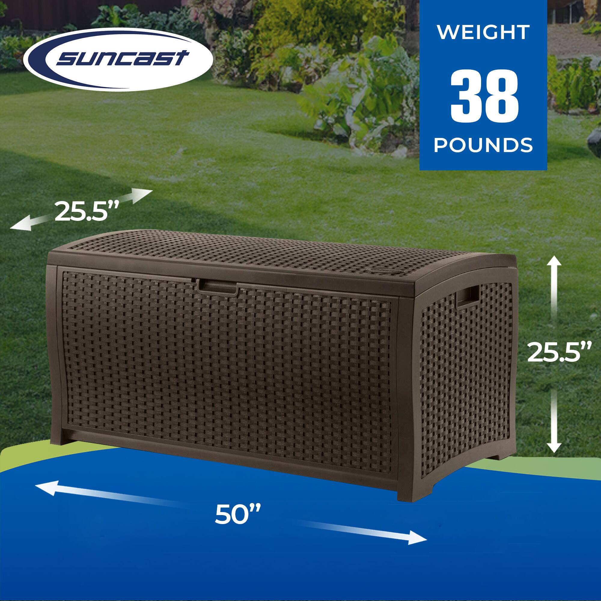 Suncast  
Weight: 38 pounds  
Dimensions: 50" x 25.5" x 25.5"
