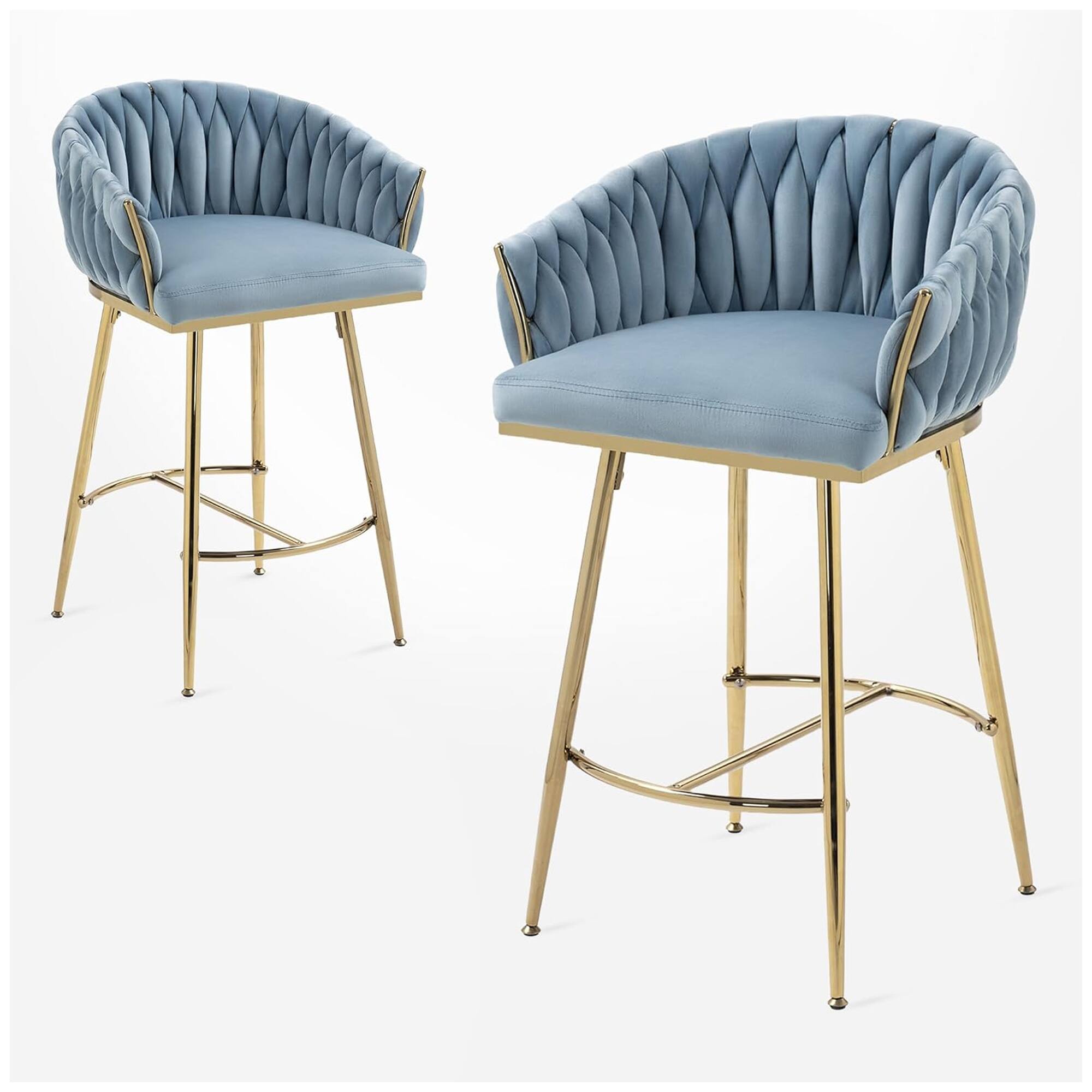 HTUTWOO - Velvet Bar Stools Set of 2, 26'' Modern Counter Height Chairs with Adjustable Non-Slip Glides and Wave Back for Kitchen - Blue