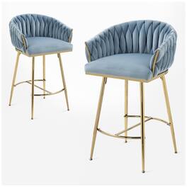 HTUTWOO - Velvet Bar Stools Set of 2, 26'' Modern Counter Height Chairs with Adjustable Non-Slip Glides and Wave Back for Kitchen - Blue