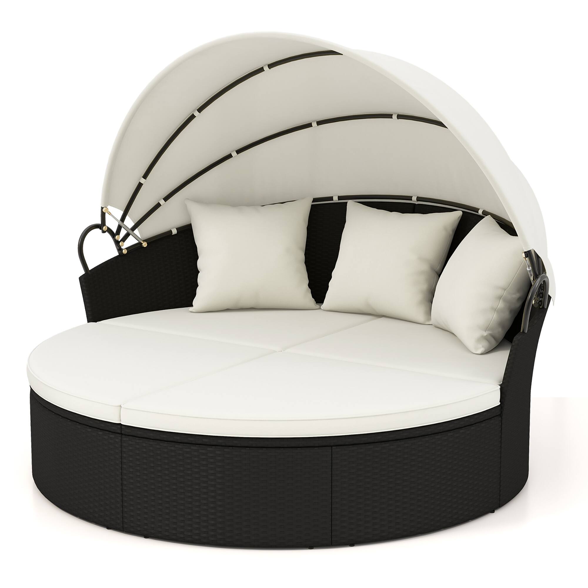 Alt View 8. Gymax - Gymax Patio Round Daybed Wicker Daybed w/ Retractable Canopy Separated Seating Sectional Sofa Black & White - Black, White.