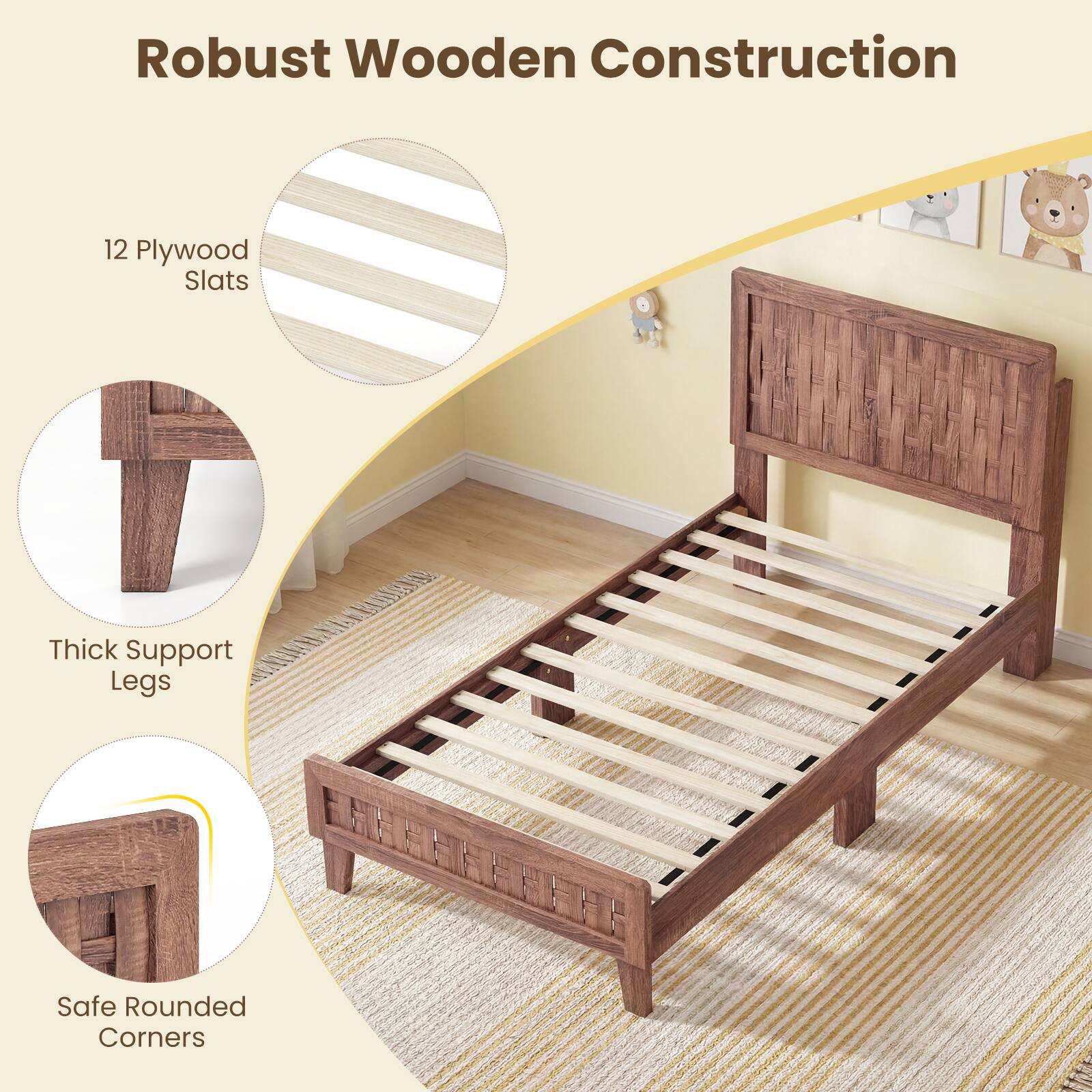 Robust Wooden Construction

- 12 Plywood Slats
- Thick Support Legs
- Safe Rounded Corners