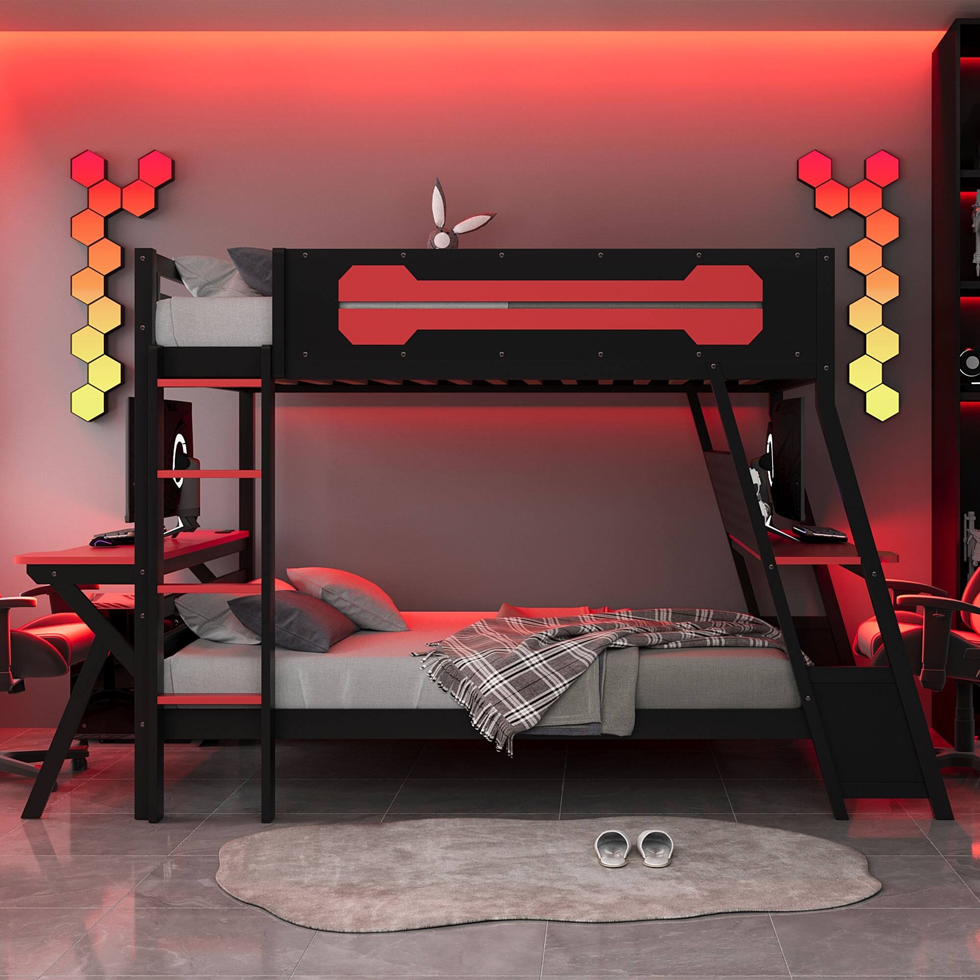 Angle. Anysun - Full Size Bunk Bed with Two Built-In Gaming Desks, USB Desktop Ports & Pegboard Organizer, Gaming Bunk Frame for Gamer - Red.