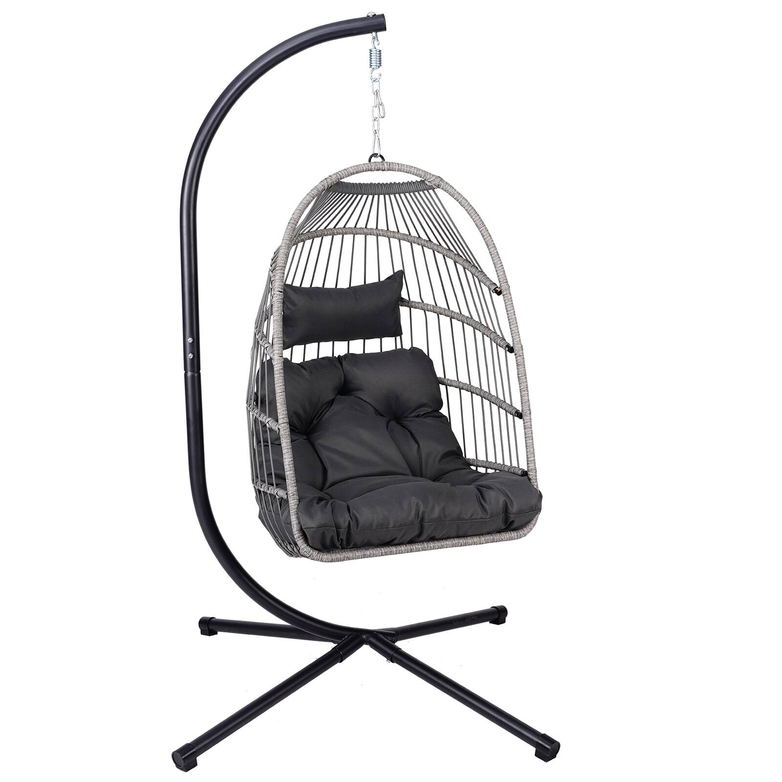 Front. Ecooso - Folding Egg Swing Chair with Stand, Adjustable Chain, Washable Cushion, and Rust-Resistant Frame for Indoor and Outdoor - Black+ Gray.