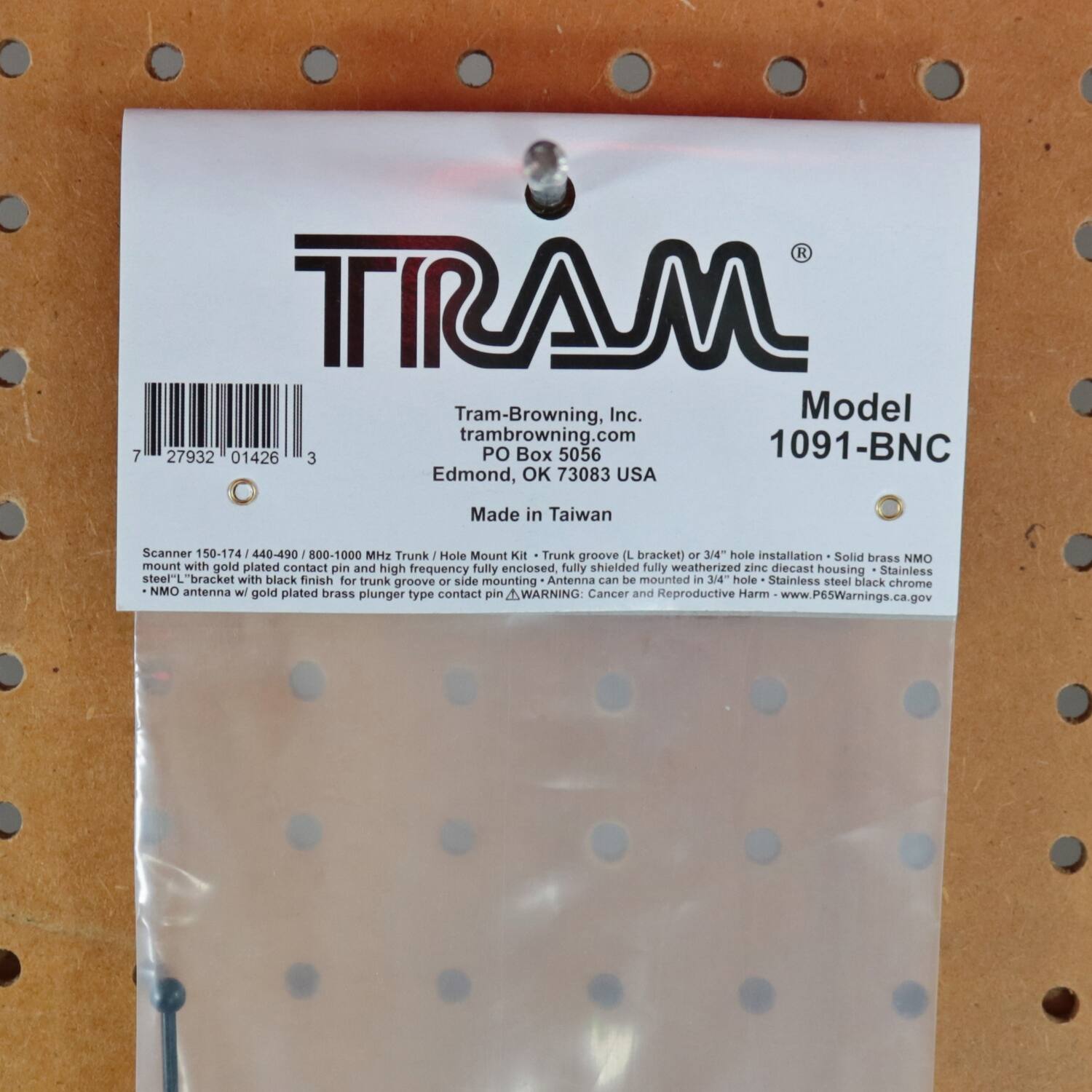 **TRAM**  
Tram-Browning, Inc.  
tram-browning.com  
PO Box 5056  
Edmond, OK 73083 USA  
Made in Taiwan  

Model 1091-BNC  

Scanner 150-174 / 440-490 / 800-1000 MHz Trunk / Hole Mount Kit  
- Trunk groove (L bracket) or 3/4" hole installation  
- Solid brass NMO mount with gold plated contact pin and high frequency fully enclosed, fully shielded fully weatherized zinc diecast housing  
- Stainless L"bracket with black finish for trunk groove or side mounting  
- NMO antenna w/ gold plated brass plunger type contact pin  

WARNING: Cancer and Reproductive Harm - www.P65Warnings.ca.gov  

---

**Barcode:**  
7 27932 01426 3  

**Part Number:**  
73083  

**Made in Taiwan**