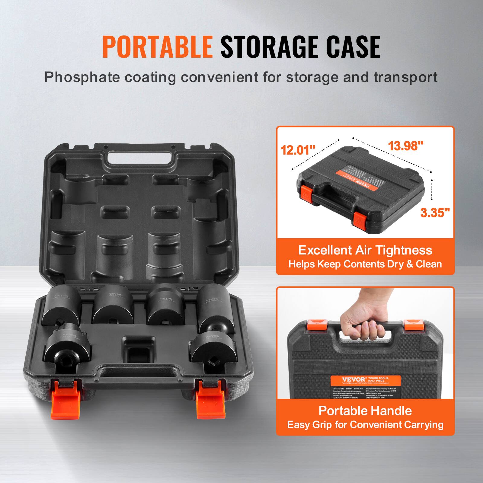 PORTABLE STORAGE CASE  
Phosphate coating convenient for storage and transport  

12.01" 13.98" 3.35"  

Excellent Air Tightness  
Helps Keep Contents Dry & Clean  

Portable Handle  
Easy Grip for Convenient Carrying