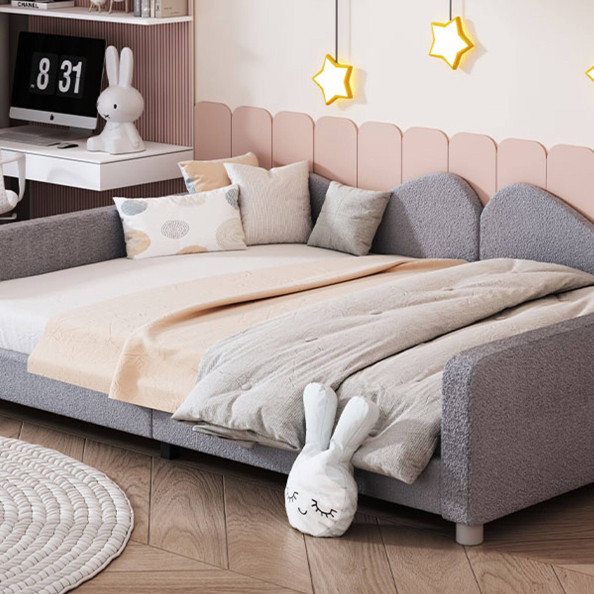 Alt View 7. GOODSILO - Full Size Upholstered Sherpa Fabric Sofabed with Cloud-Shaped Backrest Daybed No Box Spring Needed - Gray.