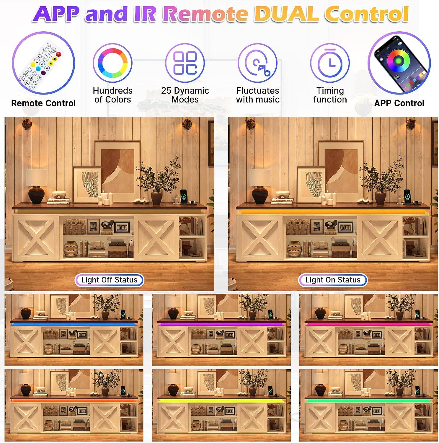 APP and IR Remote DUAL Control

- Remote Control
- Hundreds of Colors
- 25 Dynamic Modes
- Fluctuates with music
- Timing function
- APP Control

Light Off Status

Light On Status