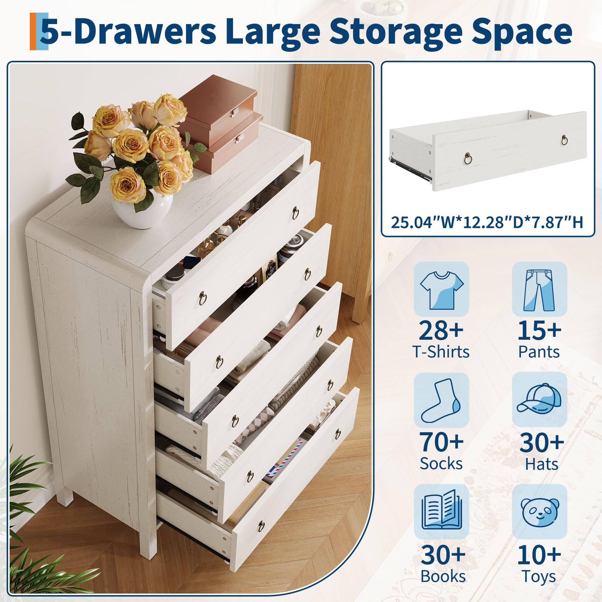 5-Drawers Large Storage Space  
25.04"W*12.28"D*7.87"H  
28+ T-Shirts  
15+ Pants  
70+ Socks  
30+ Hats  
30+ Books  
10+ Toys