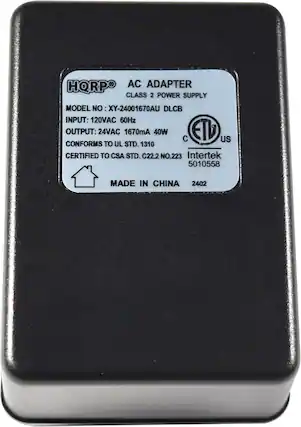 HQRP AC ADAPTER CLASS 2 POWER SUPPLY MODEL NO: XY-24001670AU DLCB
INPUT: 120VAC 60Hz
OUTPUT: 24VAC 1670mA 40W
CONFORMS TO UL STD. 1310
CERTIFIED TO CSA STD. C22.2 NO.223
Intertek 5010558
MADE IN CHINA
2402