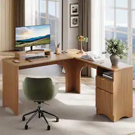 Bestier - 55 Inch L-Shaped Computer Desk with File Drawer and Monitor Stand - Brown Oak