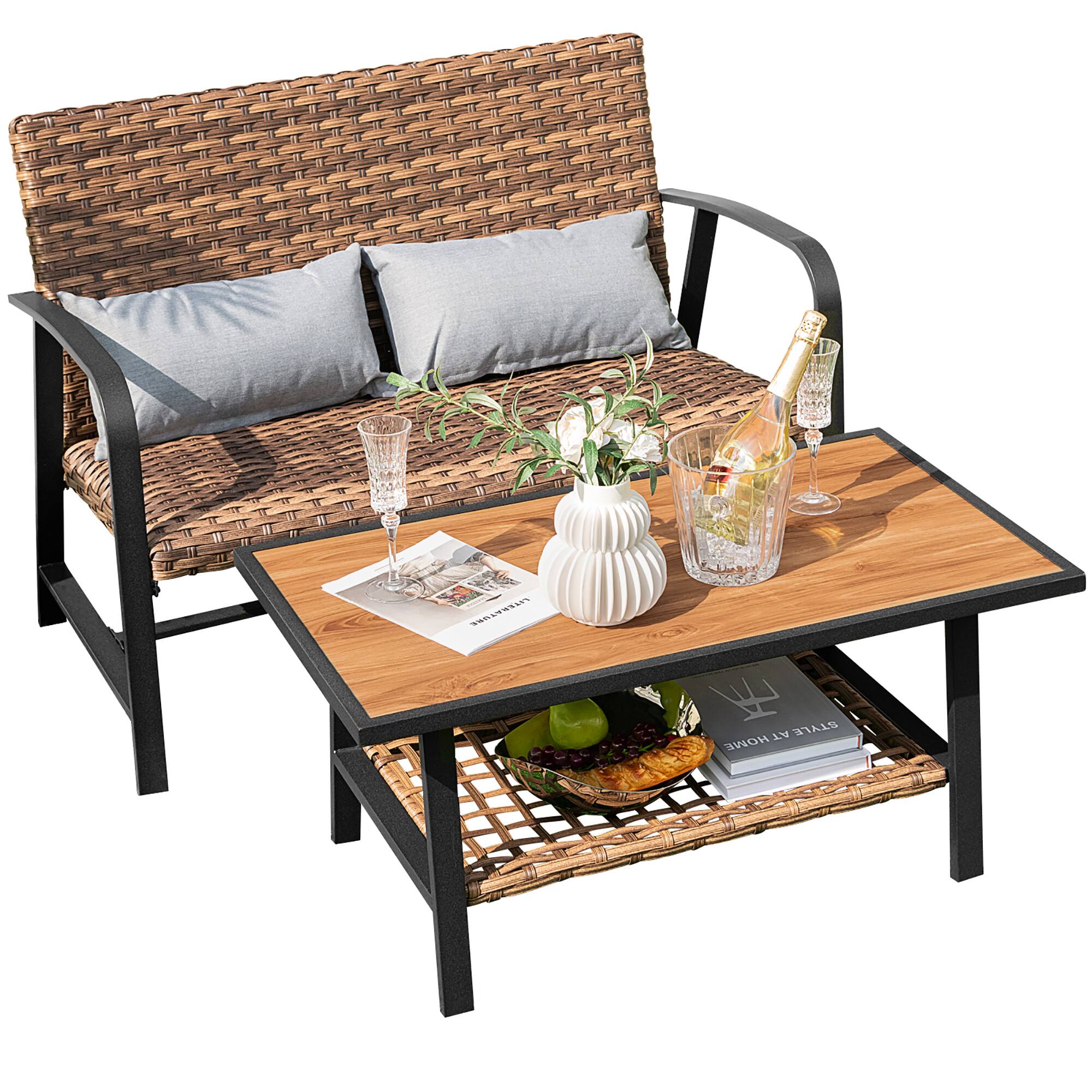 Costway - 2 PCS Patio Rattan Loveseat Coffee Table Set Padded Back & Seat Pillow Quick Dry - Mix Brown price history on PriceWatchPro