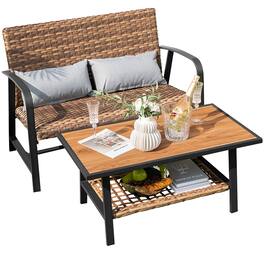 Costway - 2 PCS Patio Rattan Loveseat Coffee Table Set Padded Back & Seat Pillow Quick Dry - Mix Brown