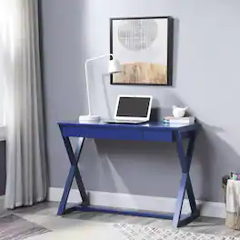 GOODSILO - Modern Twilight Finish Writing Desk with Storage Drawer and X-Shaped Base for Home Office Workspace - Blue