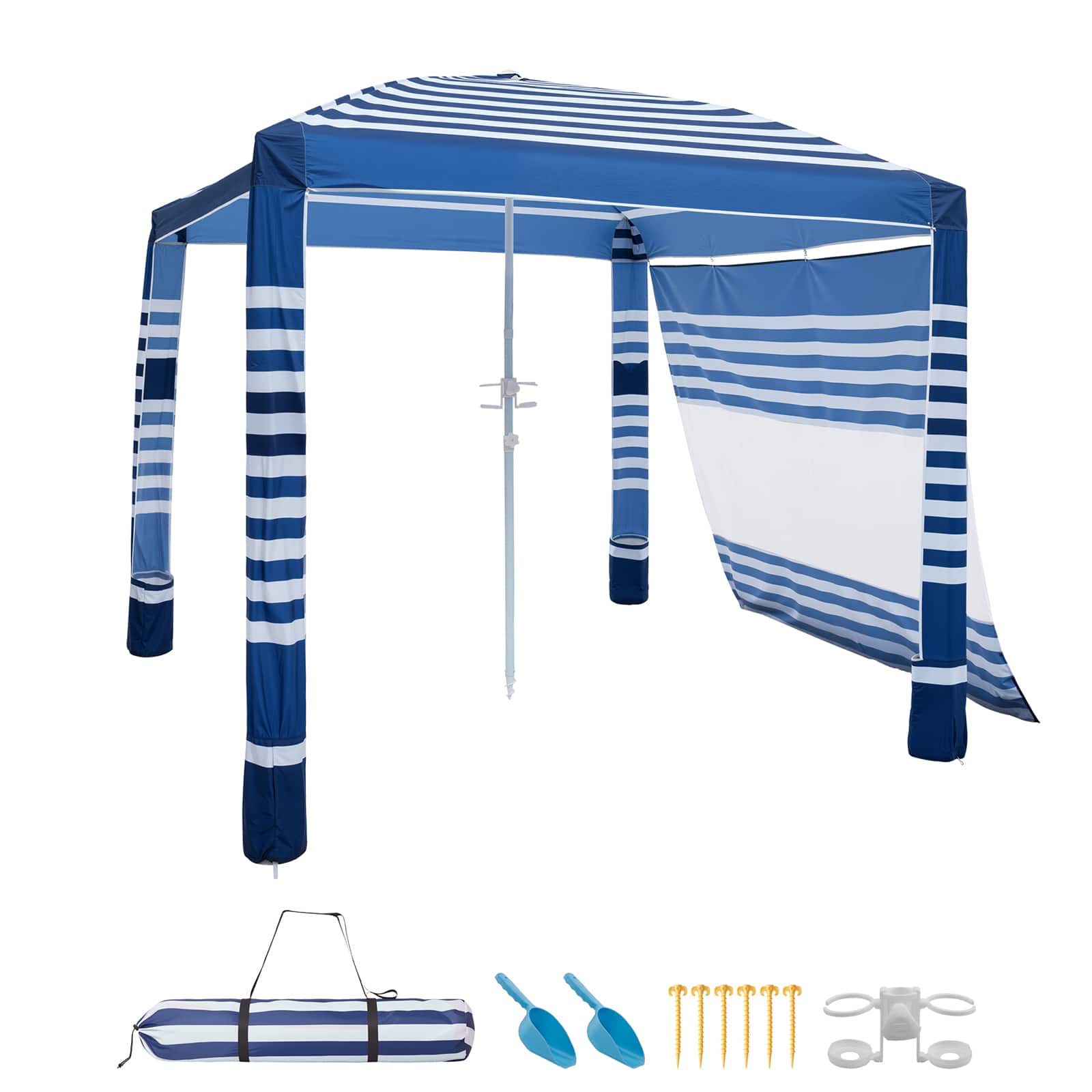 VEVOR - Beach Cabana, 8 x 8 ft Beach Canopy with Side Wall, UPF 50+ Protection Easy Setup Cabana Tent with Sand Pockets - Dark blue and white striped