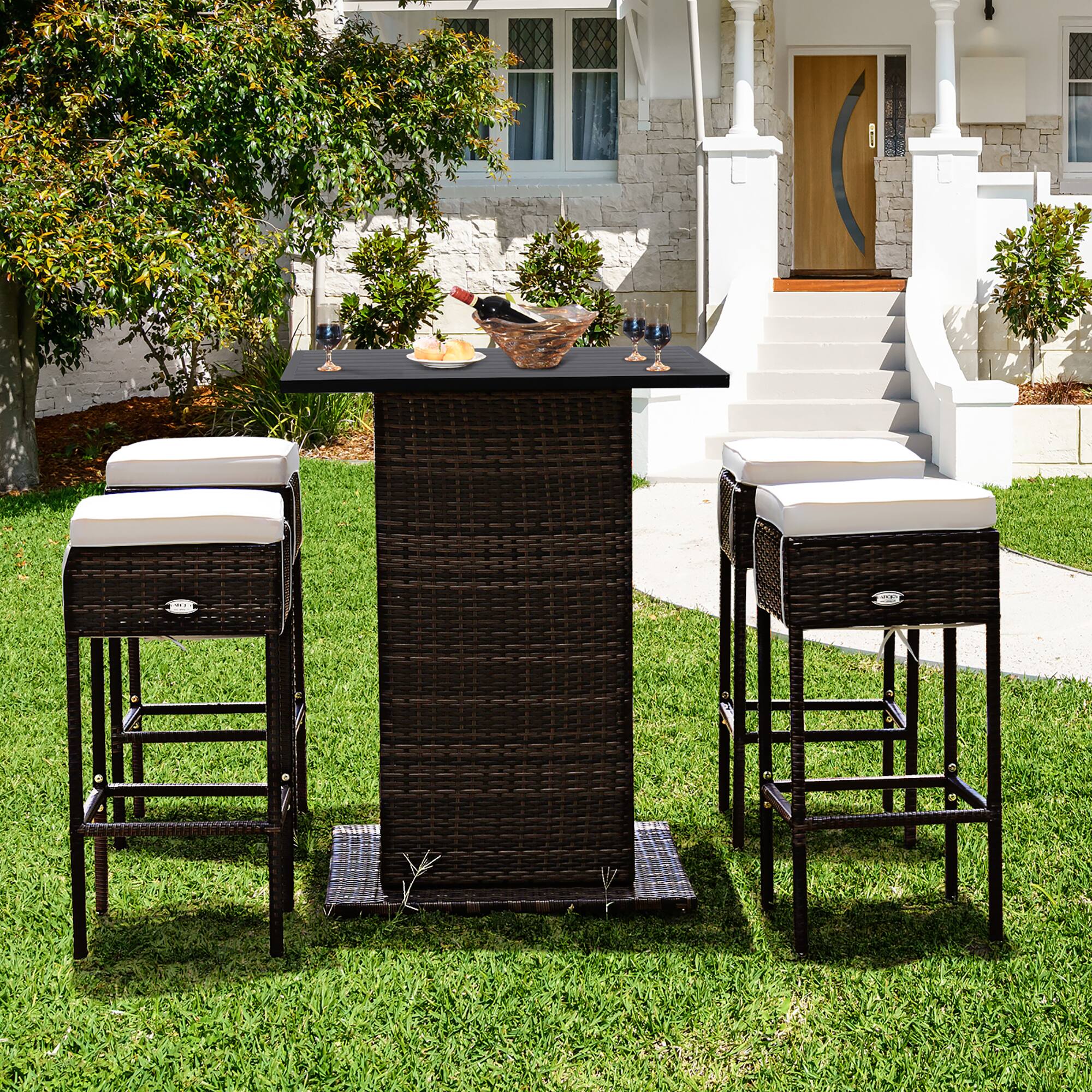 Alt View 1. Costway - Costway 5PCS Patio Rattan Bar Table Stool Set Hidden Storage Shelf Cushioned - Brown, beige, black.