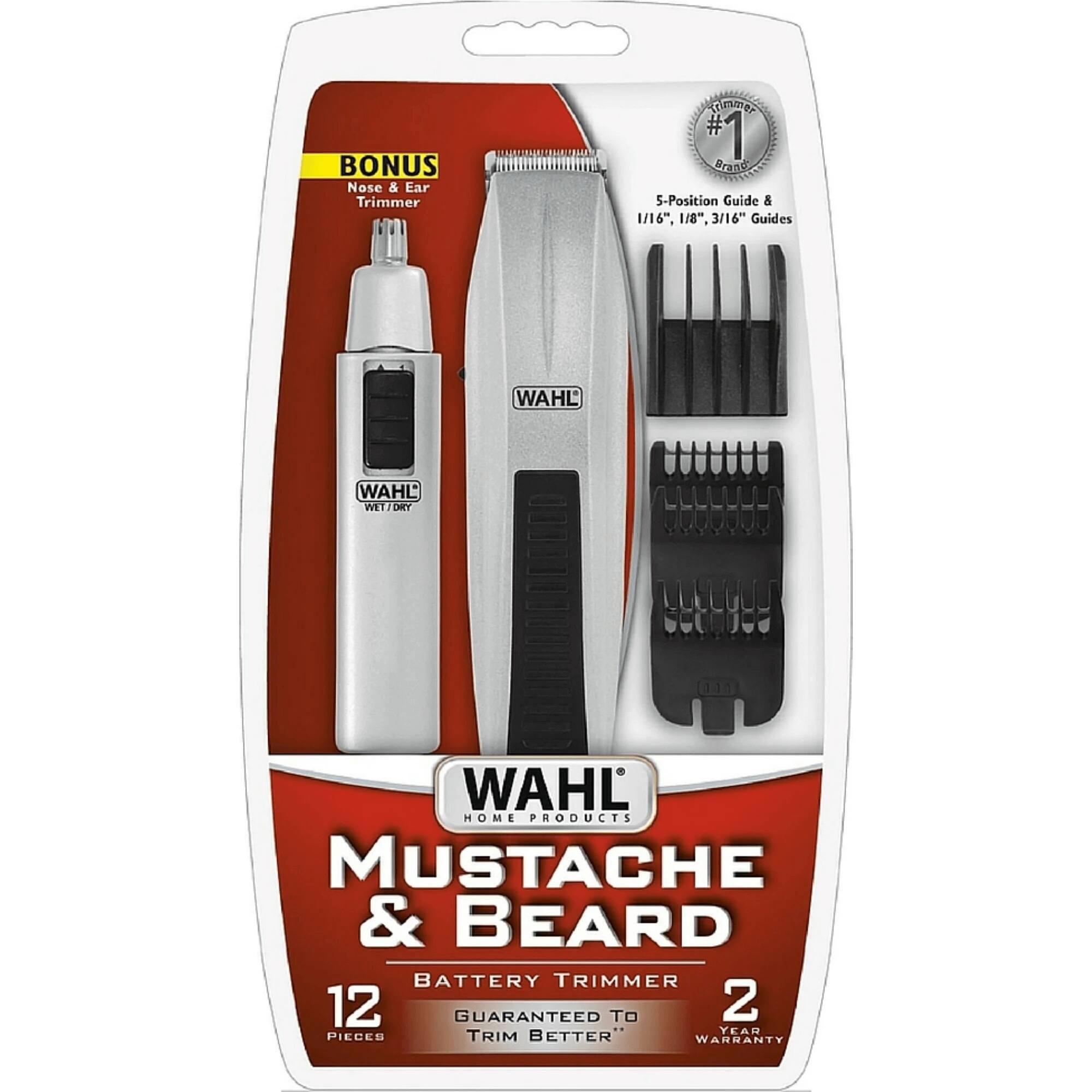 BONUS Nose & Ear Trimmer #1 Brand 5-Position Guide & 1/16", 1/8", 3/16" Guides WAHL WAHL WET/DRY WAHL HOME PRODUCTS MUSTACHE & BEARD BATTERY TRIMMER 12 GUARANTEED TO 2 YEAR WARRANTY TRIM BETTER