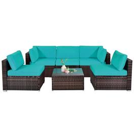 Pefilos - 6 Pieces Patio Rattan Furniture Set with Cushions and Glass Coffee Table-Turquoise, Wicker Furniture Conversation Sets - Blue