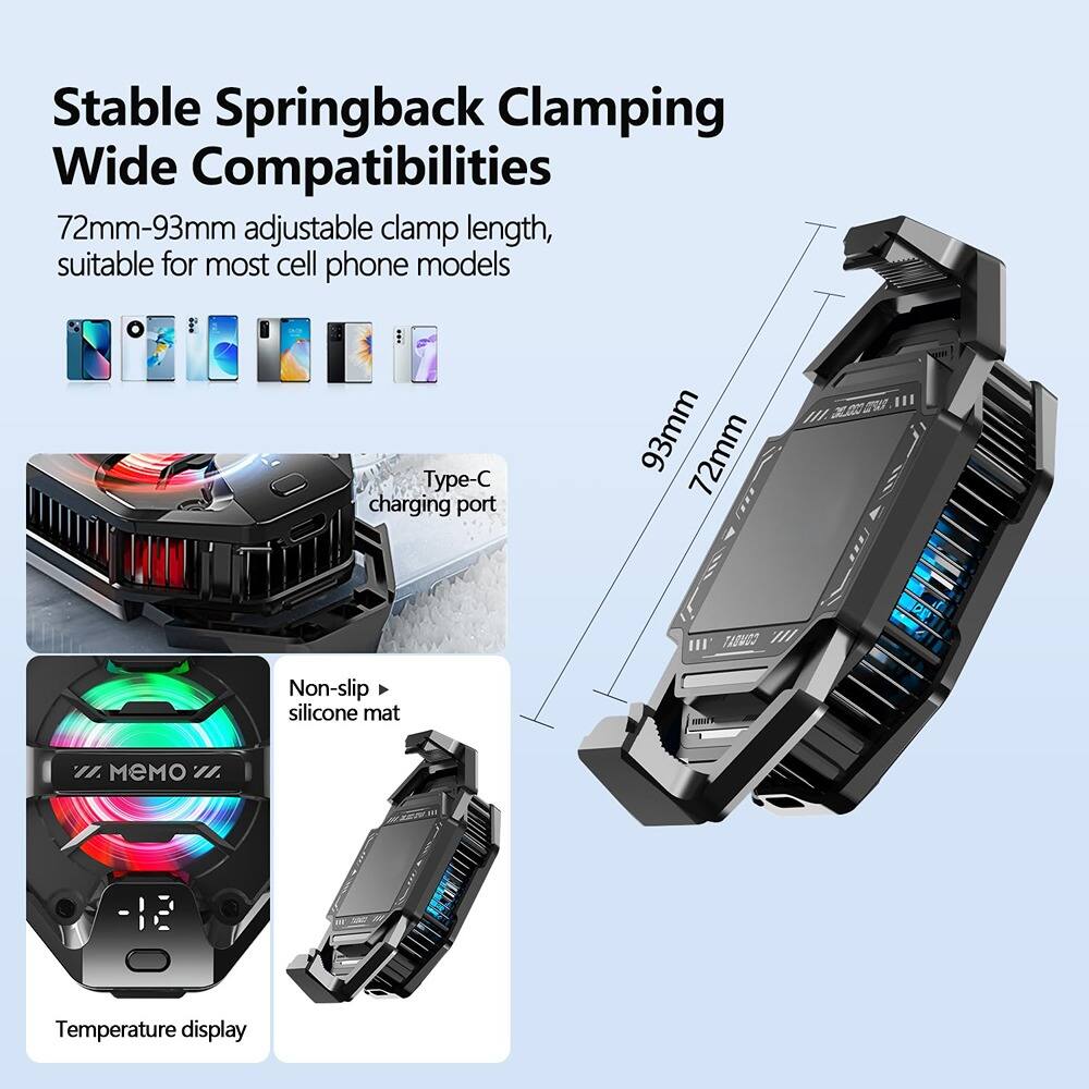 Stable Springback Clamping  
Wide Compatibilities  

72mm-93mm adjustable clamp length, suitable for most cell phone models  

Type-C charging port  

Non-slip silicone mat  

Temperature display
