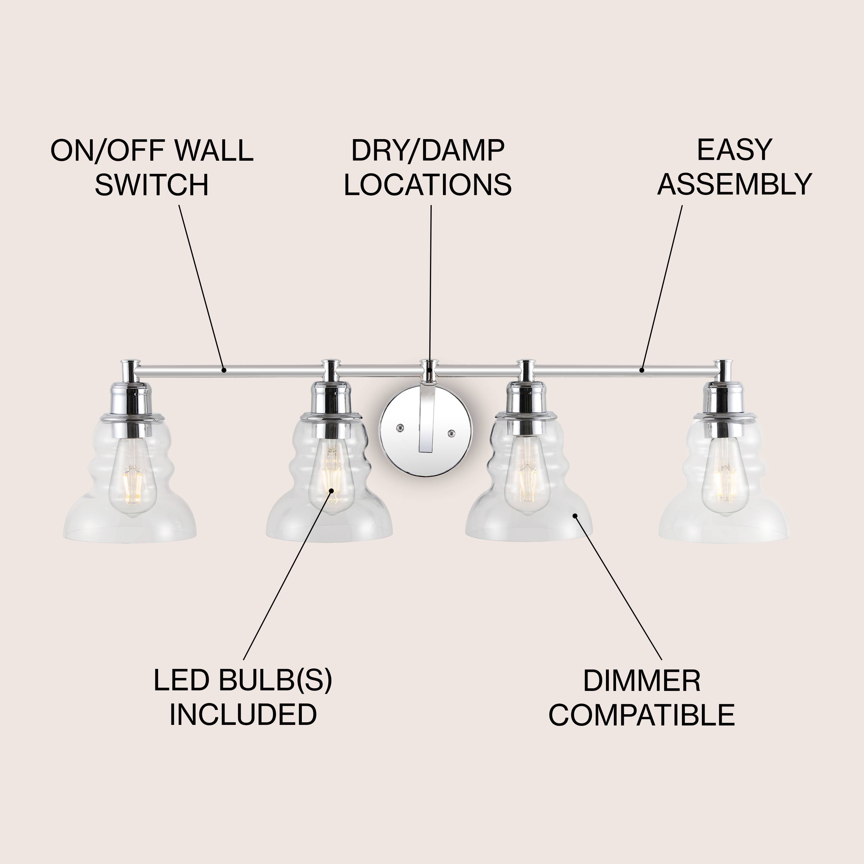 ON/OFF WALL SWITCH  
DRY/DAMP LOCATIONS  
EASY ASSEMBLY  
LED BULB(S) INCLUDED  
DIMMER COMPATIBLE