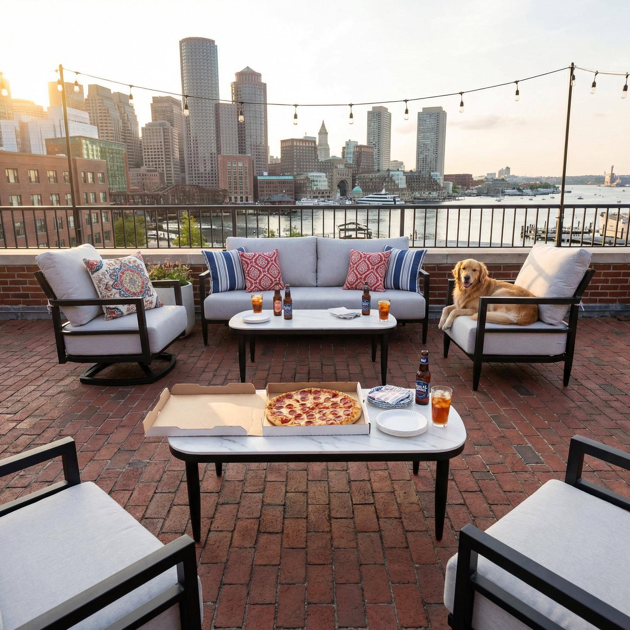 Back. Mondawe - 4-Piece Outdoor Conversation Set with Swivel Chair, Club Chair, Bench Sofa, Coffee Table, and Sunbrella Cushions - Ember Black+Grey.