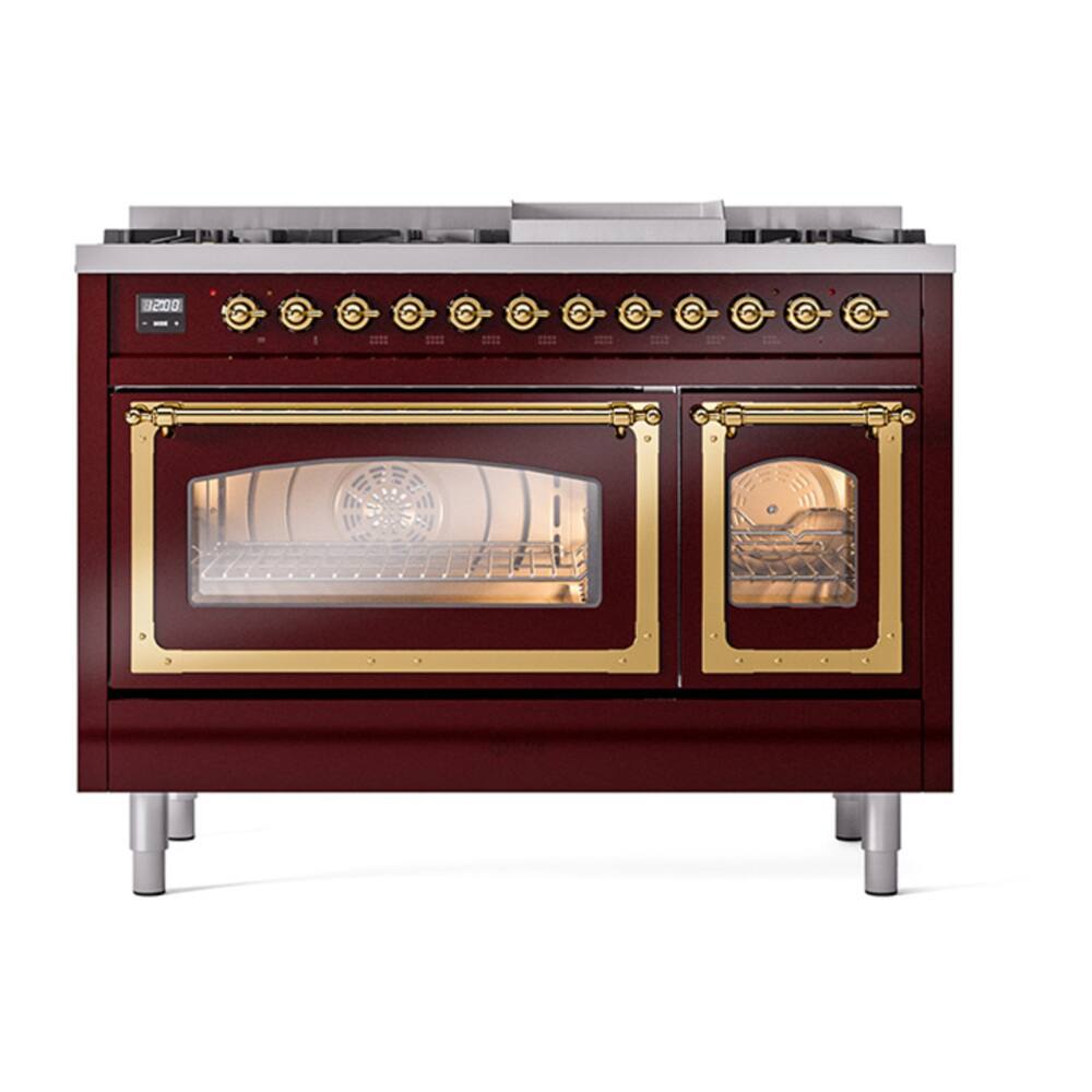 Alt View 4. ILVE - ILVE Nostalgie II Series 48 in. Dual Fuel Range with 8 Sealed Burners + Griddle (Liquid Propane, Brass Trim) - Burgundy.