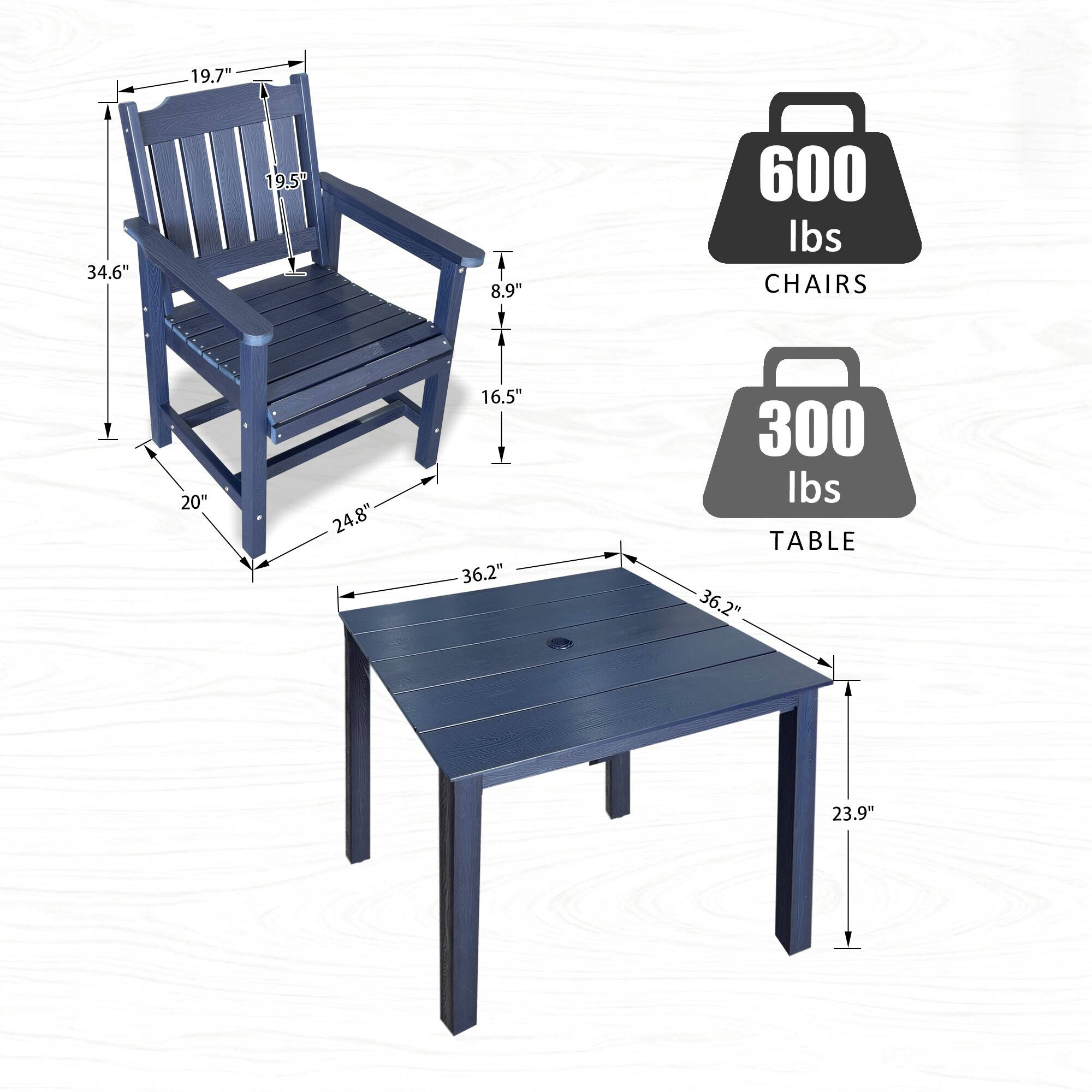 19.7" 34.6" 19.5" 8.9" 600 lbs CHAIRS  
20" 24.8" 16.5" 36.2" 300 lbs TABLE  
36.2" 23.9"