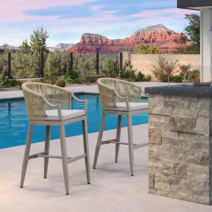 Front. PURPLE LEAF - Patio Bar Height Set of 2 Outdoor Rattan Chairs with Back Modern Aluminum Woven Barstools for Garden Indoor Kitchen - Champagne-Bar Stool.