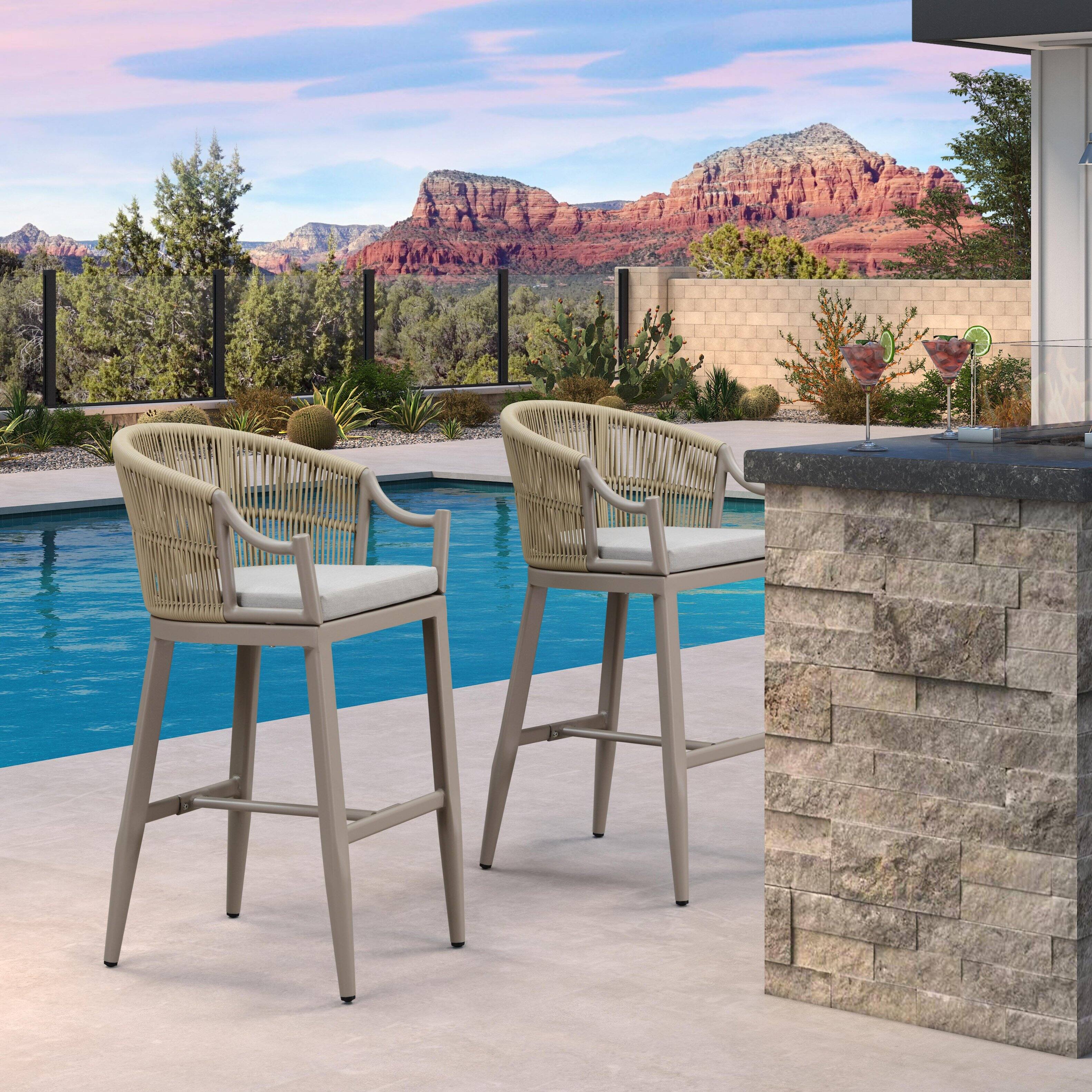 Front. PURPLE LEAF - Patio Bar Height Set of 2 Outdoor Rattan Chairs with Back Modern Aluminum Woven Barstools for Garden Indoor Kitchen - Champagne-Bar Stool.