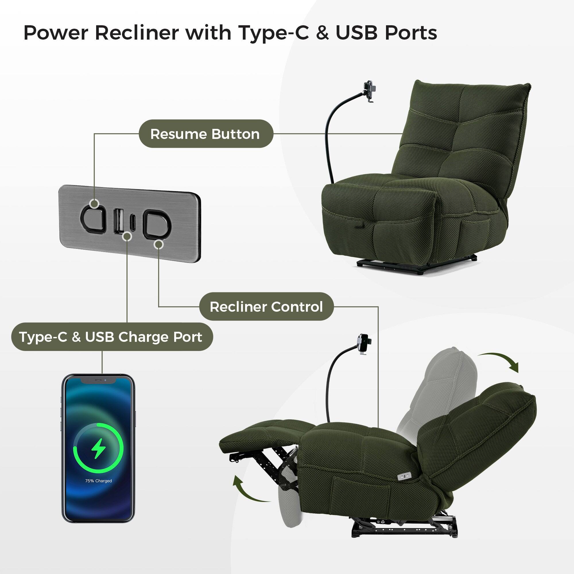 Power Recliner with Type-C & USB Ports, Resume Button, Recliner Control, Type-C & USB Charge Port, 75% Charged