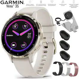 Refurbished Excellent - Bundle - Garmin - Venu 3S Fitness GPS Smartwatch 41 mm + Charging Stand & Extra Bands - Soft Gold S/S Bezel|Ivory Case & Silicone Band - (2023)