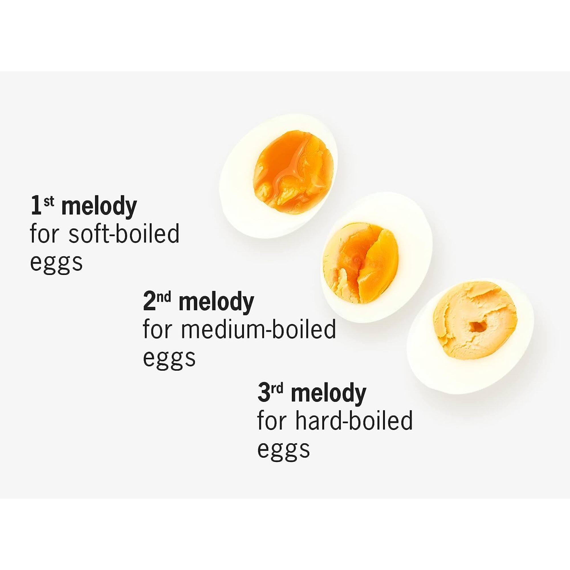 1st melody for soft-boiled eggs  
2nd melody for medium-boiled eggs  
3rd melody for hard-boiled eggs