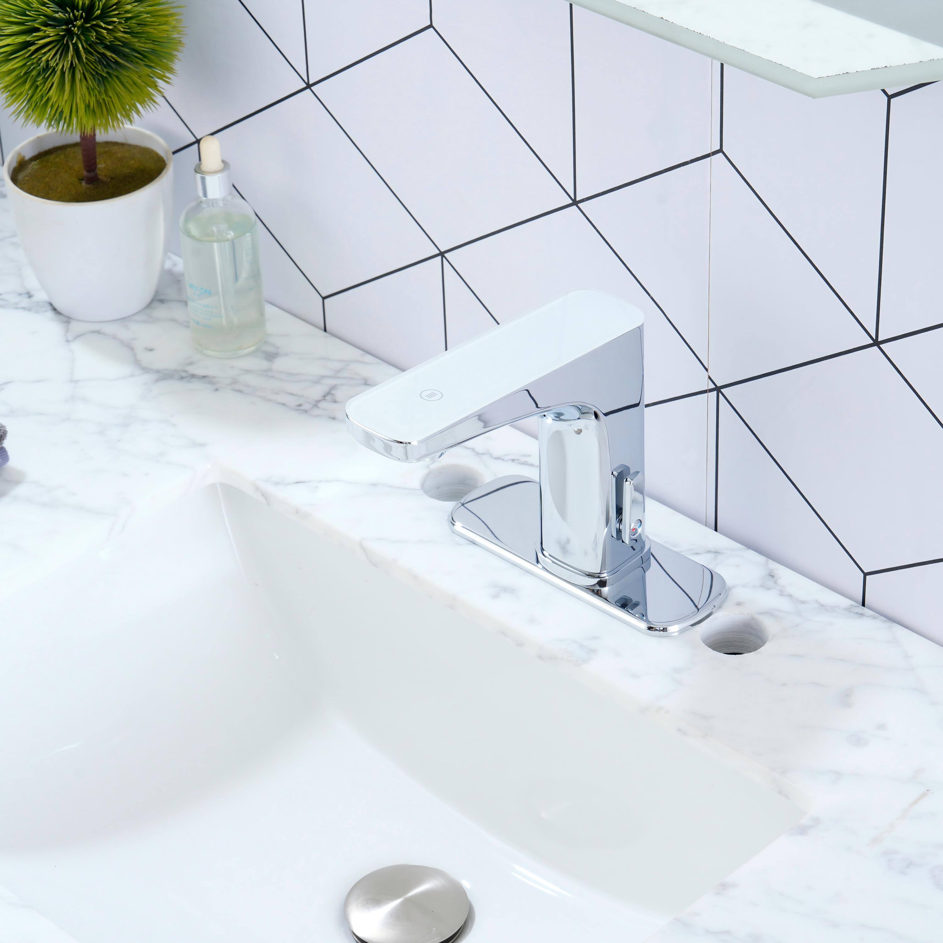 Angle. Mondawe - Dual-Sensor Touchless Bathroom Sink Faucet with Temperature Display - Chrome.