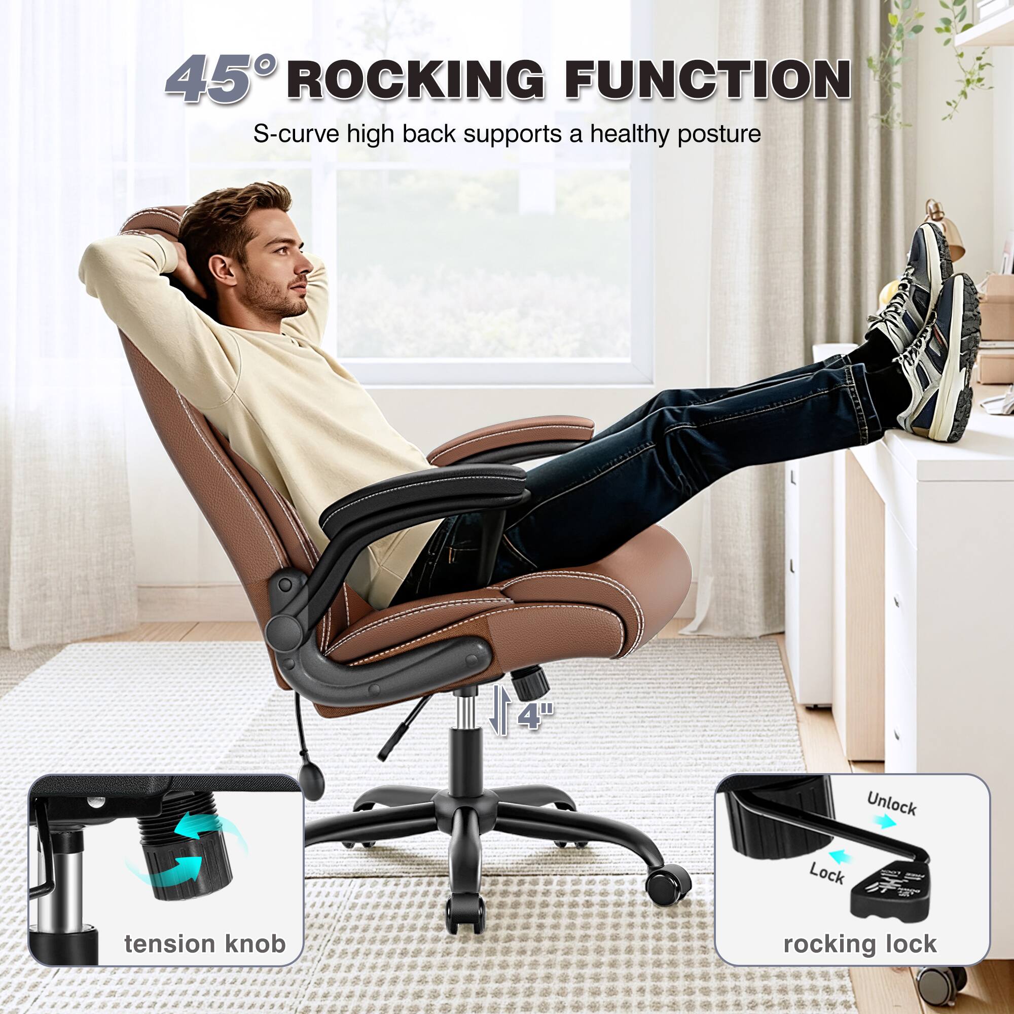 KERDOM - Ergonomic Office Chair - Desk Computer Chair, PU Leather High Back Executive Chair, Inflatable Lumbar Support, Wide Seat - Brown - Thumbnail 5