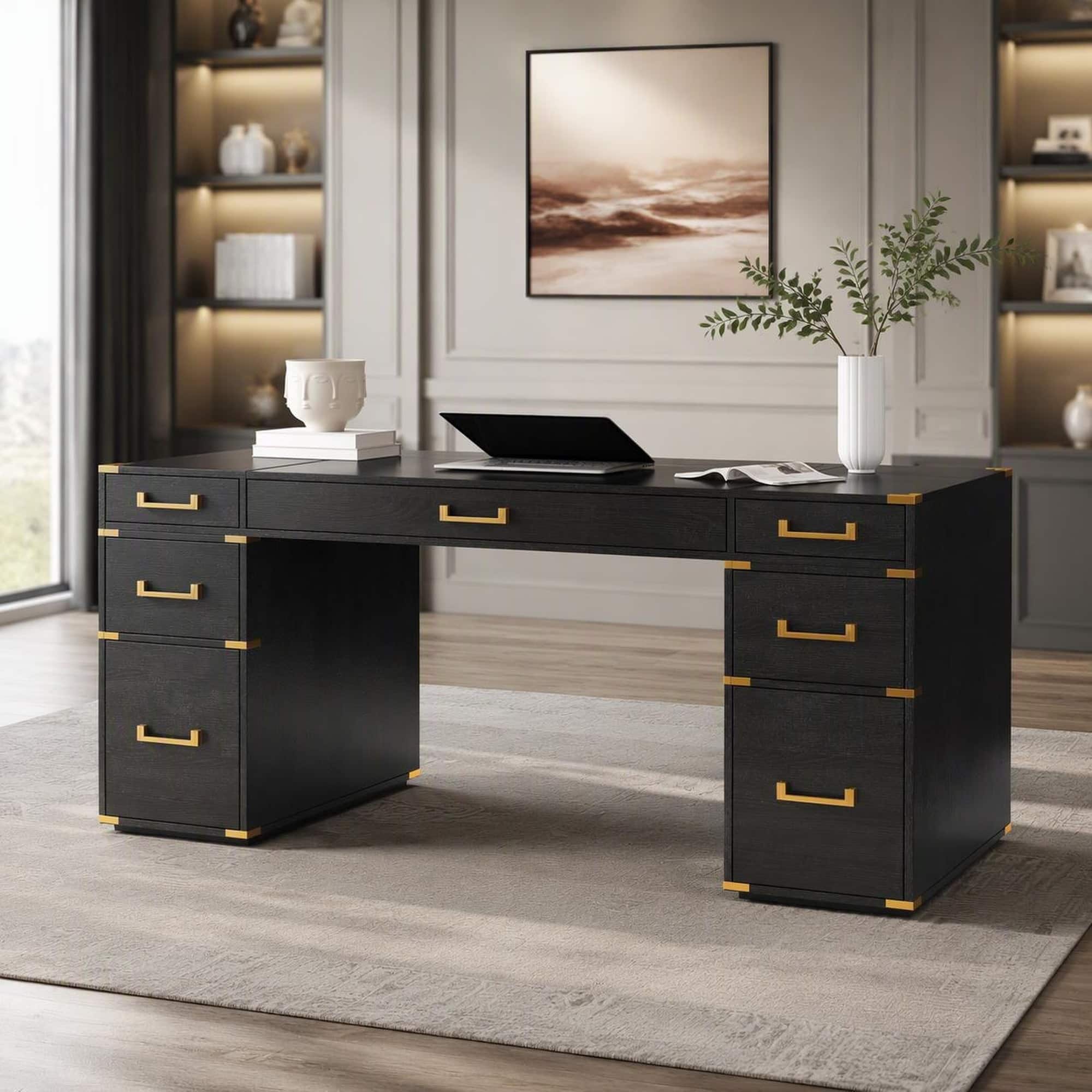 RYHNUYNE - 70 inch Extra-Large Executive Desk, Classic Black, Gold Finish, 7 Drawers, USB Ports and Outlets, Home Office - Black+Gold