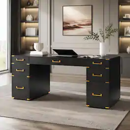 RYHNUYNE - 70 inch Extra-Large Executive Desk, Classic Black, Gold Finish, 7 Drawers, USB Ports and Outlets, Home Office - Black+Gold