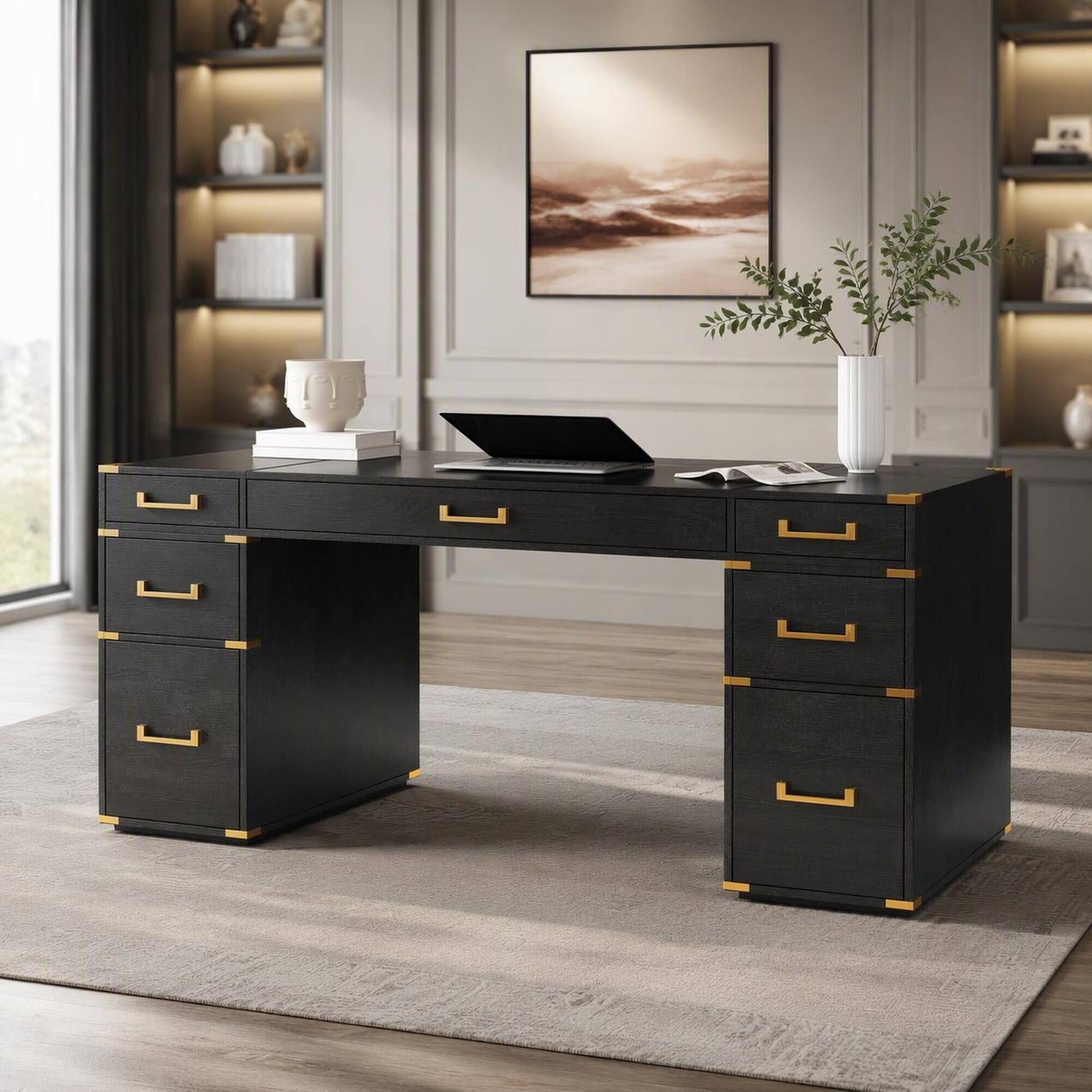 Front. RYHNUYNE - 70 inch Extra-Large Executive Desk, Classic Black, Gold Finish, 7 Drawers, USB Ports and Outlets, Home Office - Black+Gold.