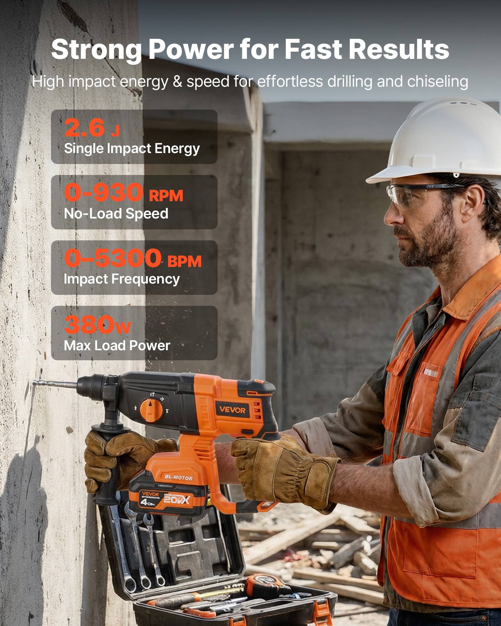 Strong Power for Fast Results  
High impact energy & speed for effortless drilling and chiseling

2.6 J Single Impact Energy  
0-930 RPM No-Load Speed  
0-5300 BPM Impact Frequency  
380w Max Load Power

VEVOR  
BL-MOTOR VEVOR 4CM 200X