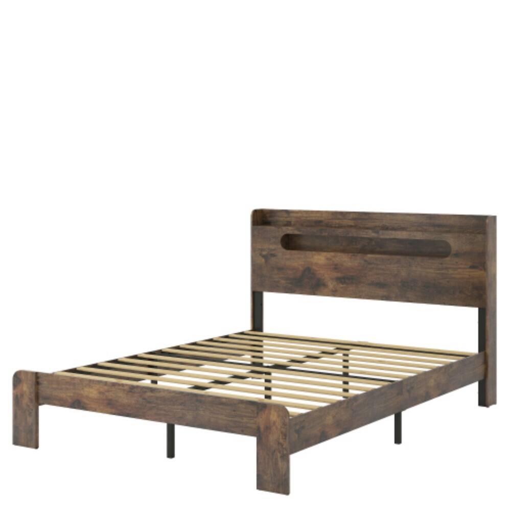 Alt View 4. LUCKY ONE - Queen Size Wood Platform Bed Frame with Storage LED Headboard, USB Charging, Wood Slats, No Box Spring Needed - Dark Brown.