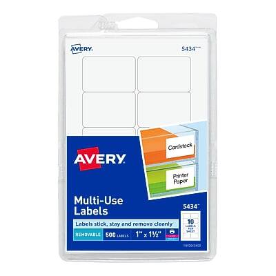 AVERY  
5434  
Multi-Use Labels  
Cardstock Printer Paper  
Labels stick, stay and remove cleanly  
REMOVABLE  
500 Labels  
1" x 1/2"  
5434